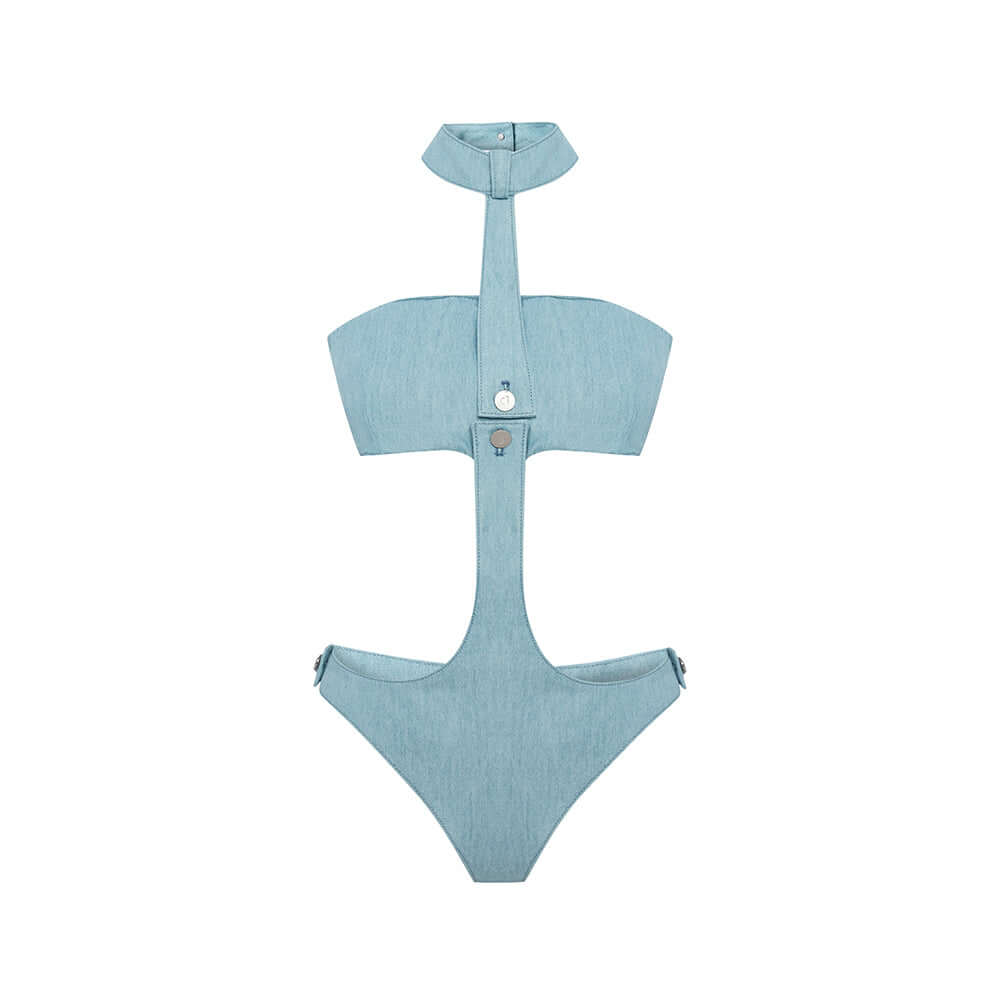 How Jendue Redefines Modern Fashion - unique blue swimwear design with collar and cutout style.