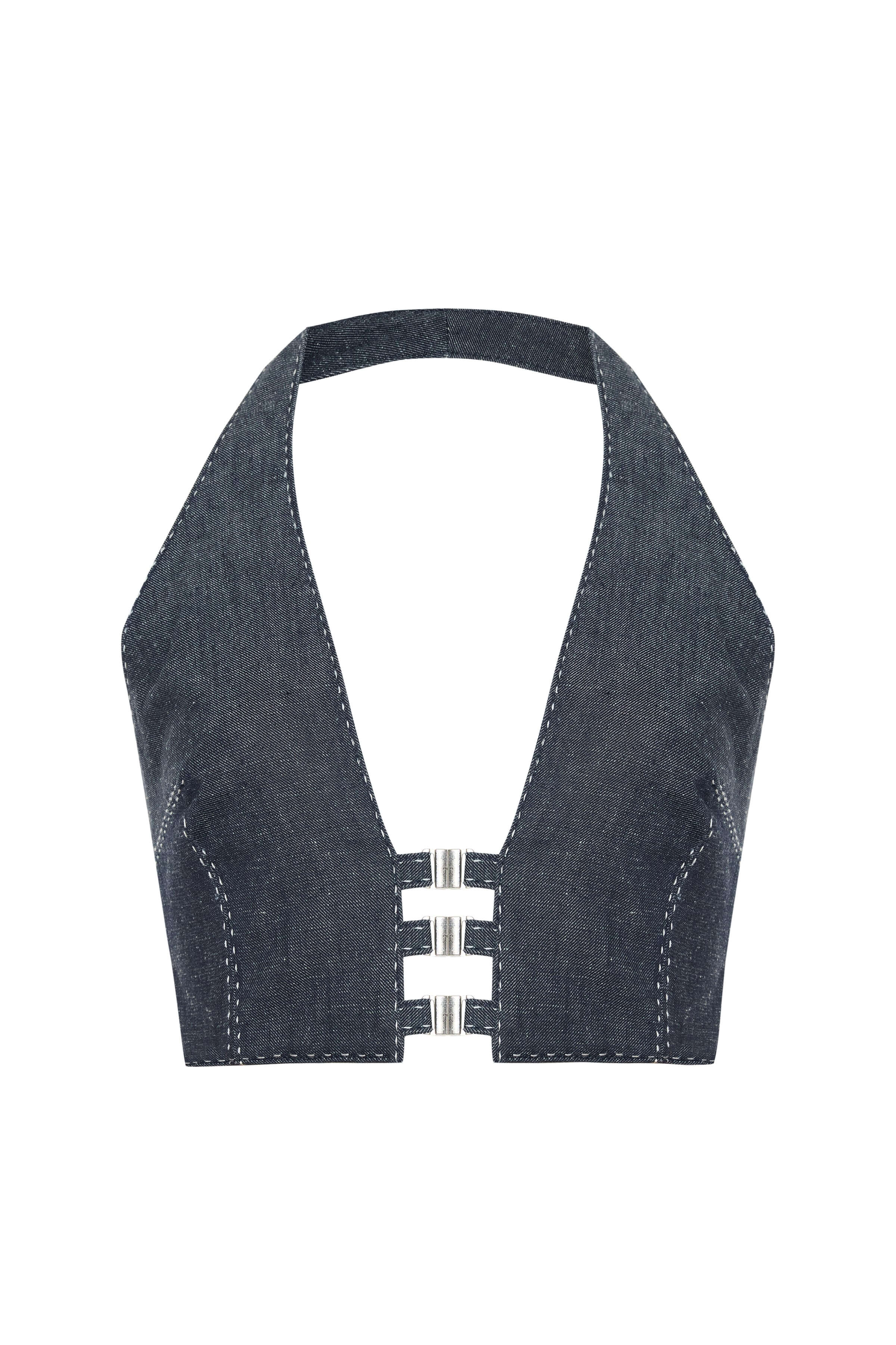 JENDUE Solen Crop - Denim Halter Top with Buckle Detail 1