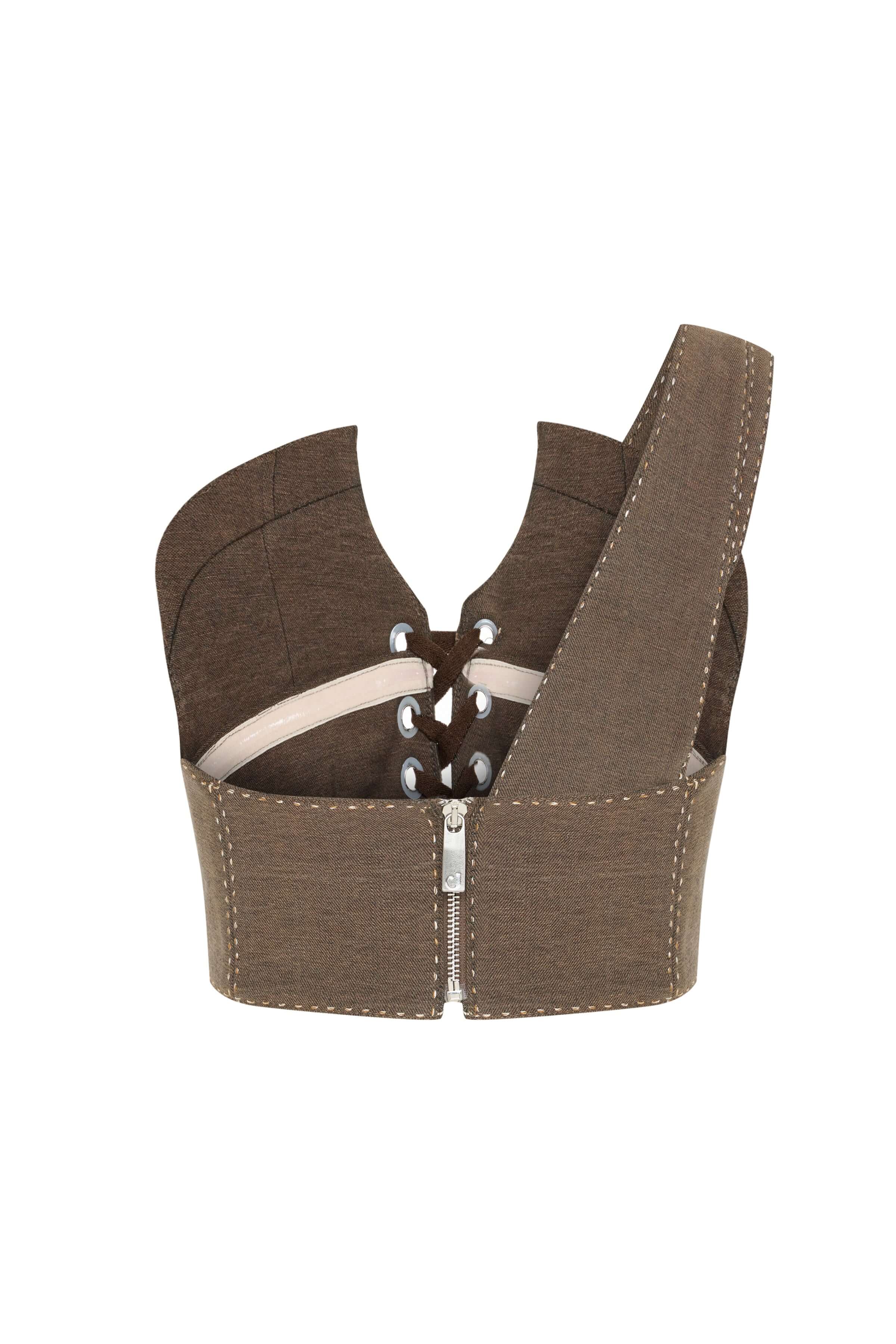 JENDUE Calen Crop Brown Lace-Up Canvas Corset Top 2