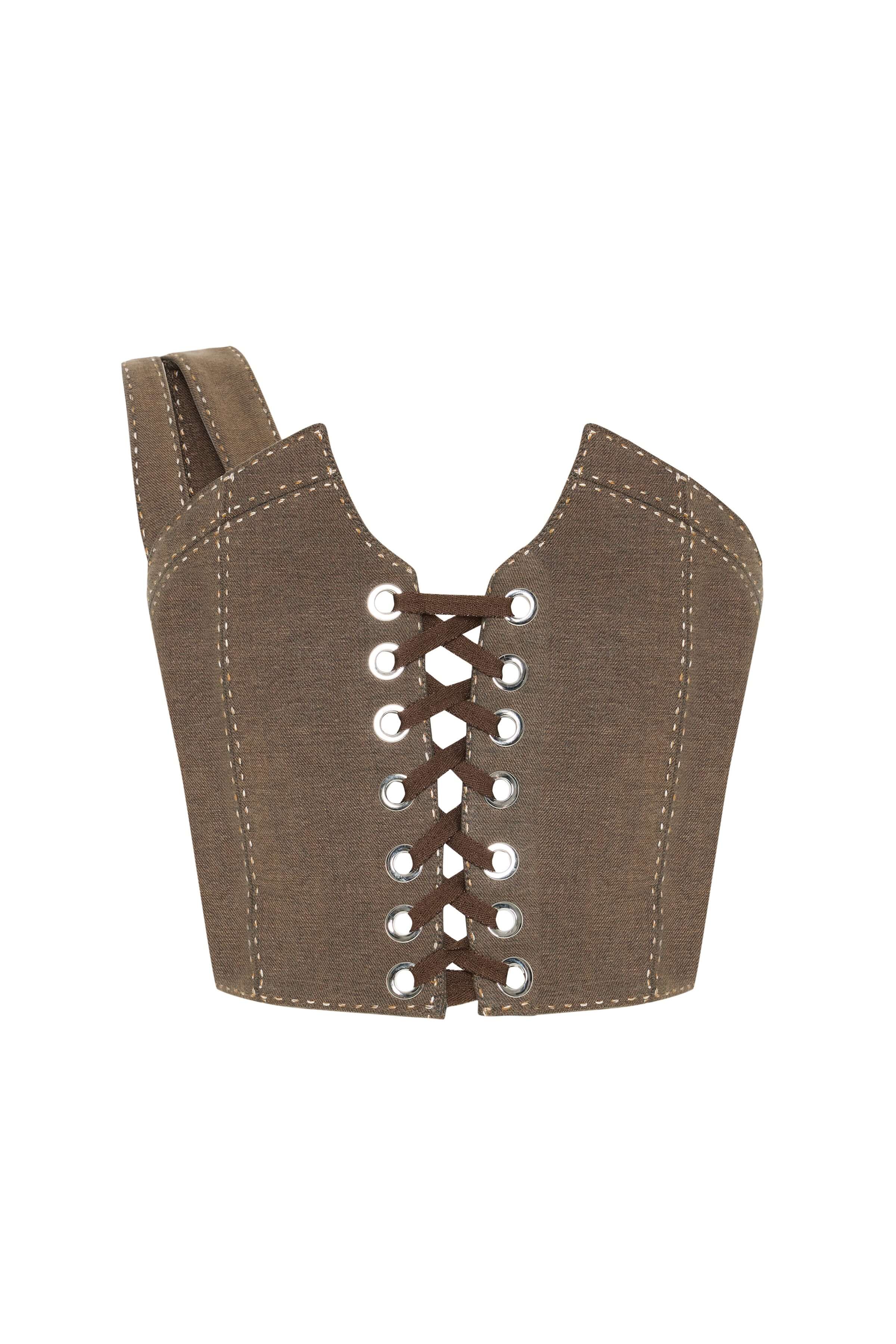 JENDUE Calen Crop Brown Lace-Up Canvas Corset Top 1