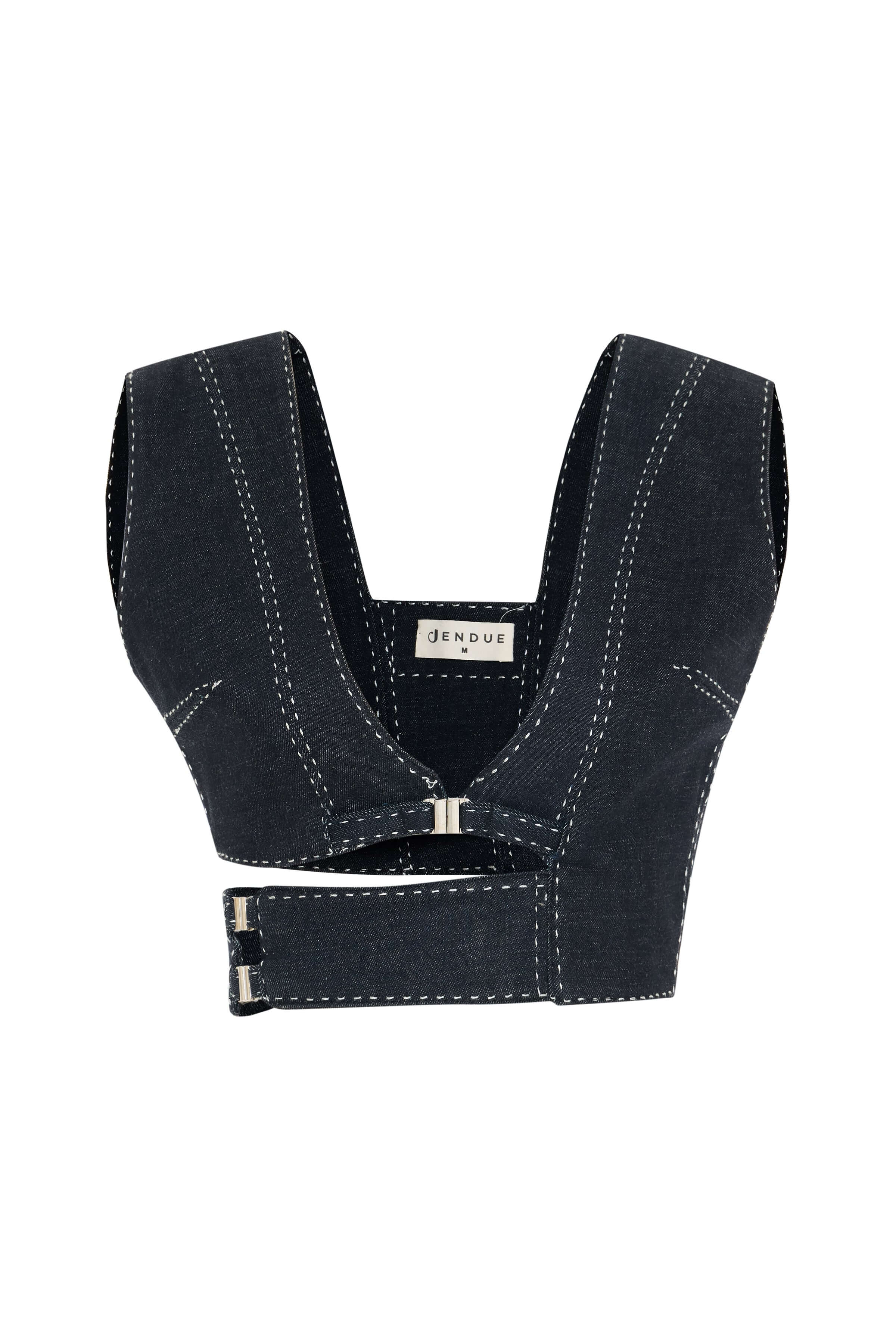 JENDUE Livia Crop - Asymmetric Dark Denim Cut-Out Top 1