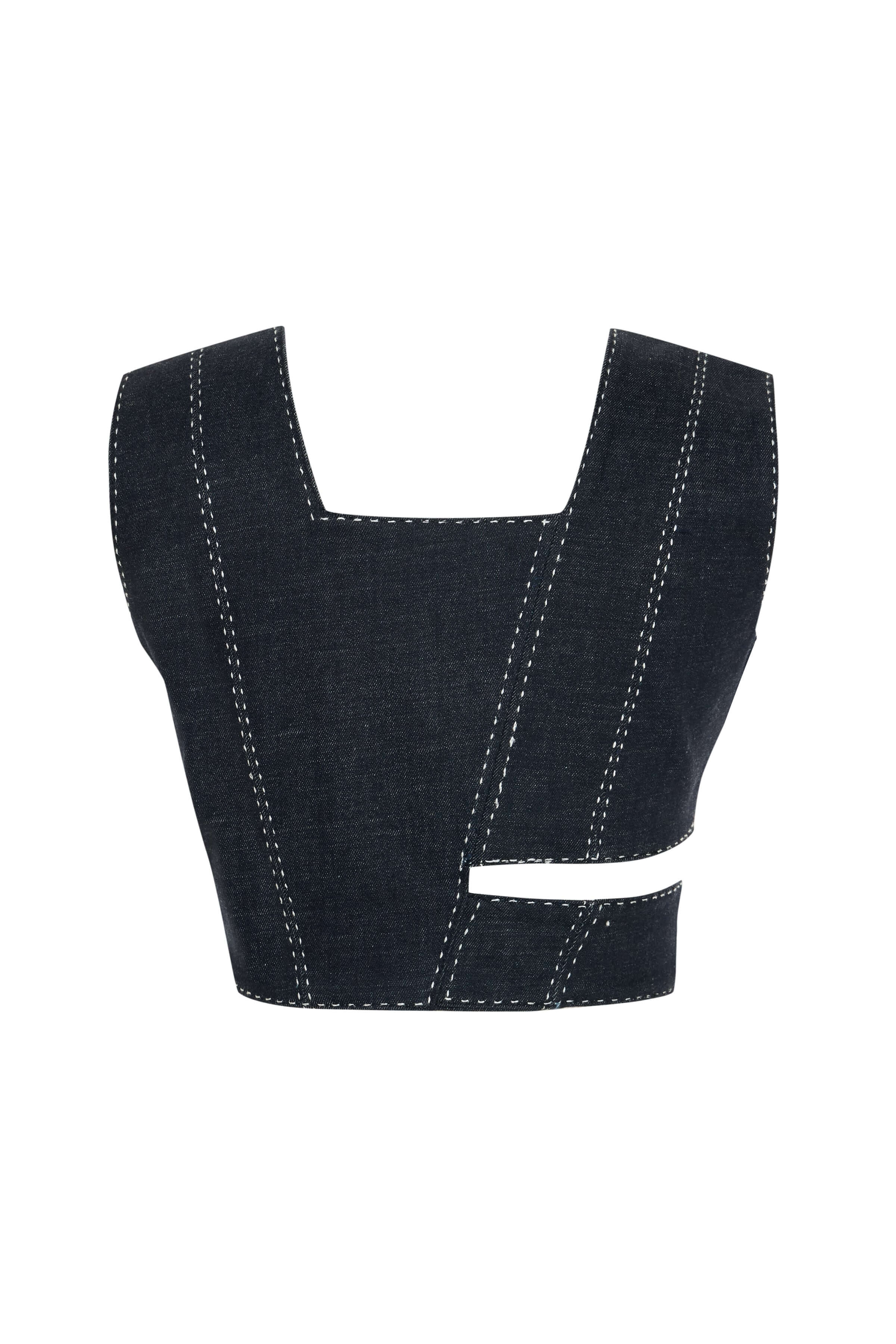 JENDUE Livia Crop - Asymmetric Dark Denim Cut-Out Top 2