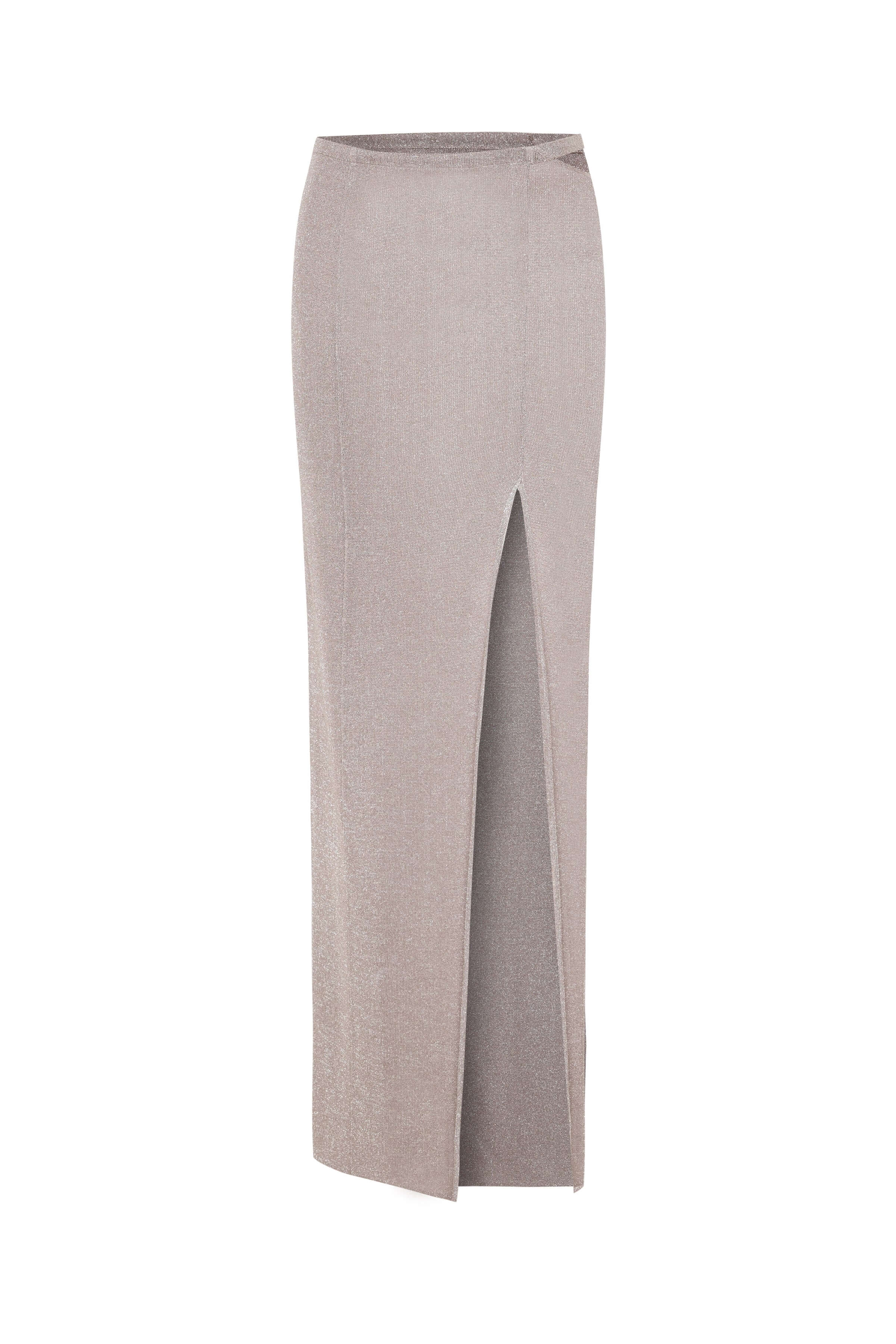 JENDUE Zahrâ Metallic Knit Maxi Skirt with High Slit 1