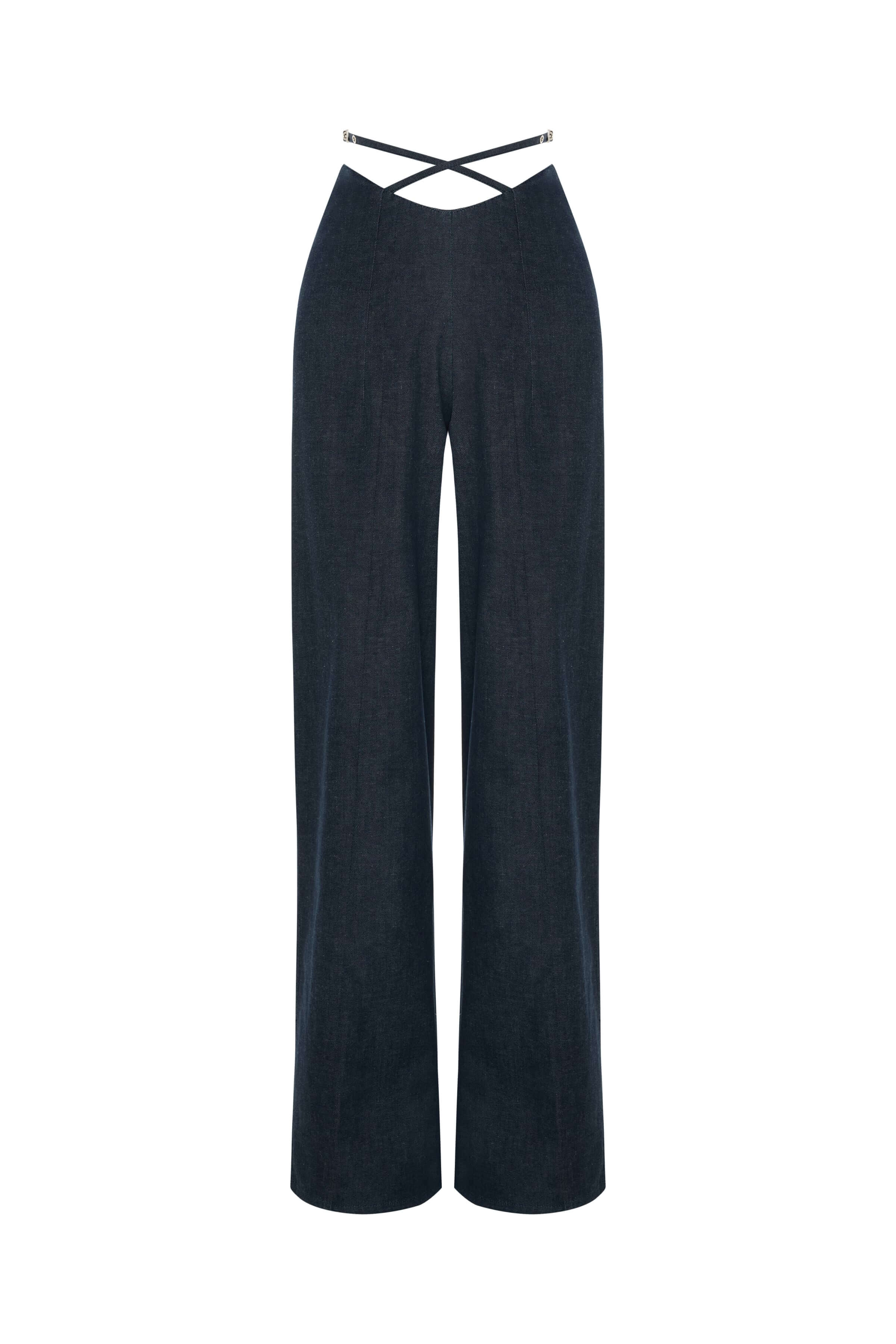 JENDUE Stella Trousers - High-Waist Criss-Cross Denim Pants 1