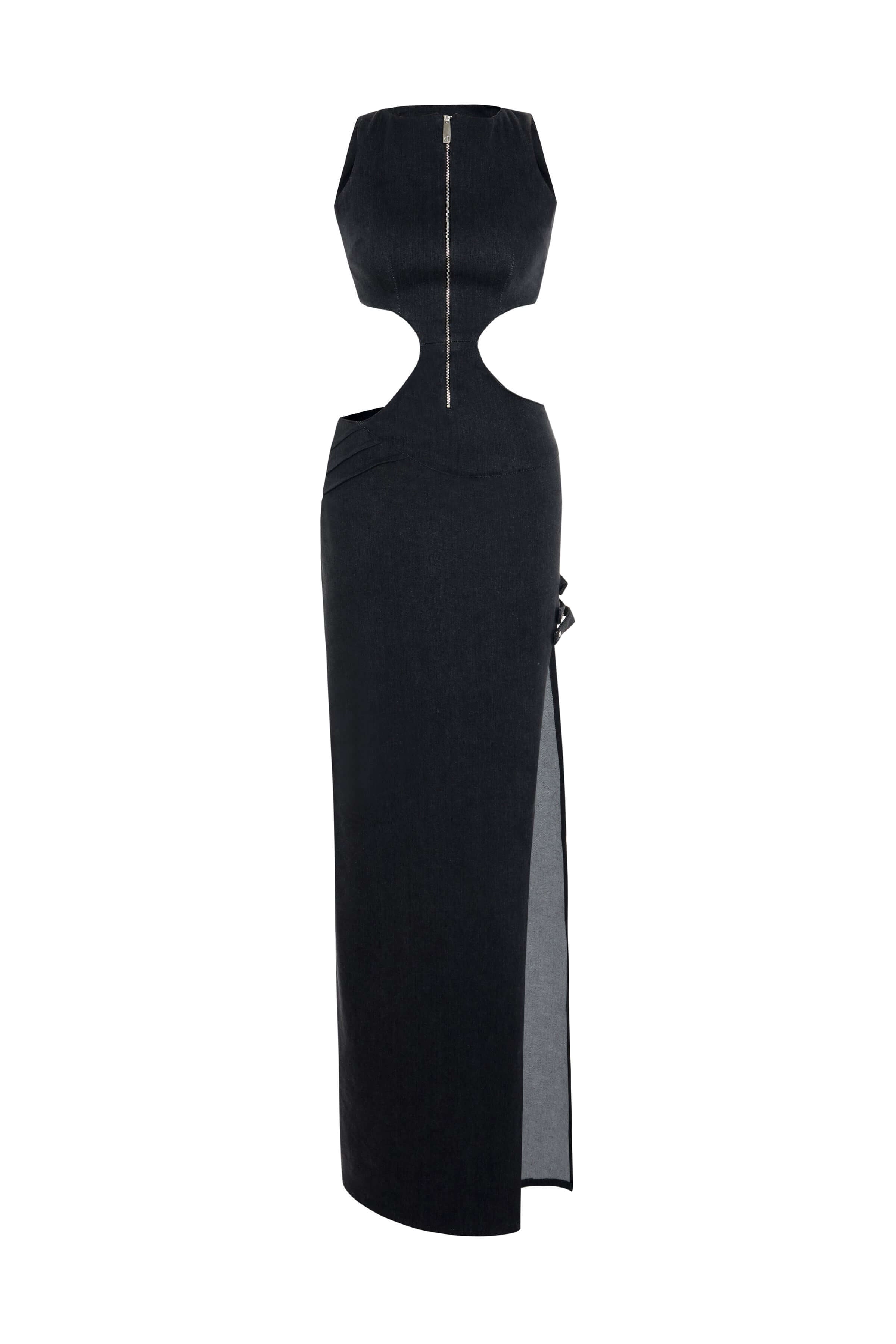 JENDUE Maia Dress - Black Denim Cut-Out Maxi Dress 1