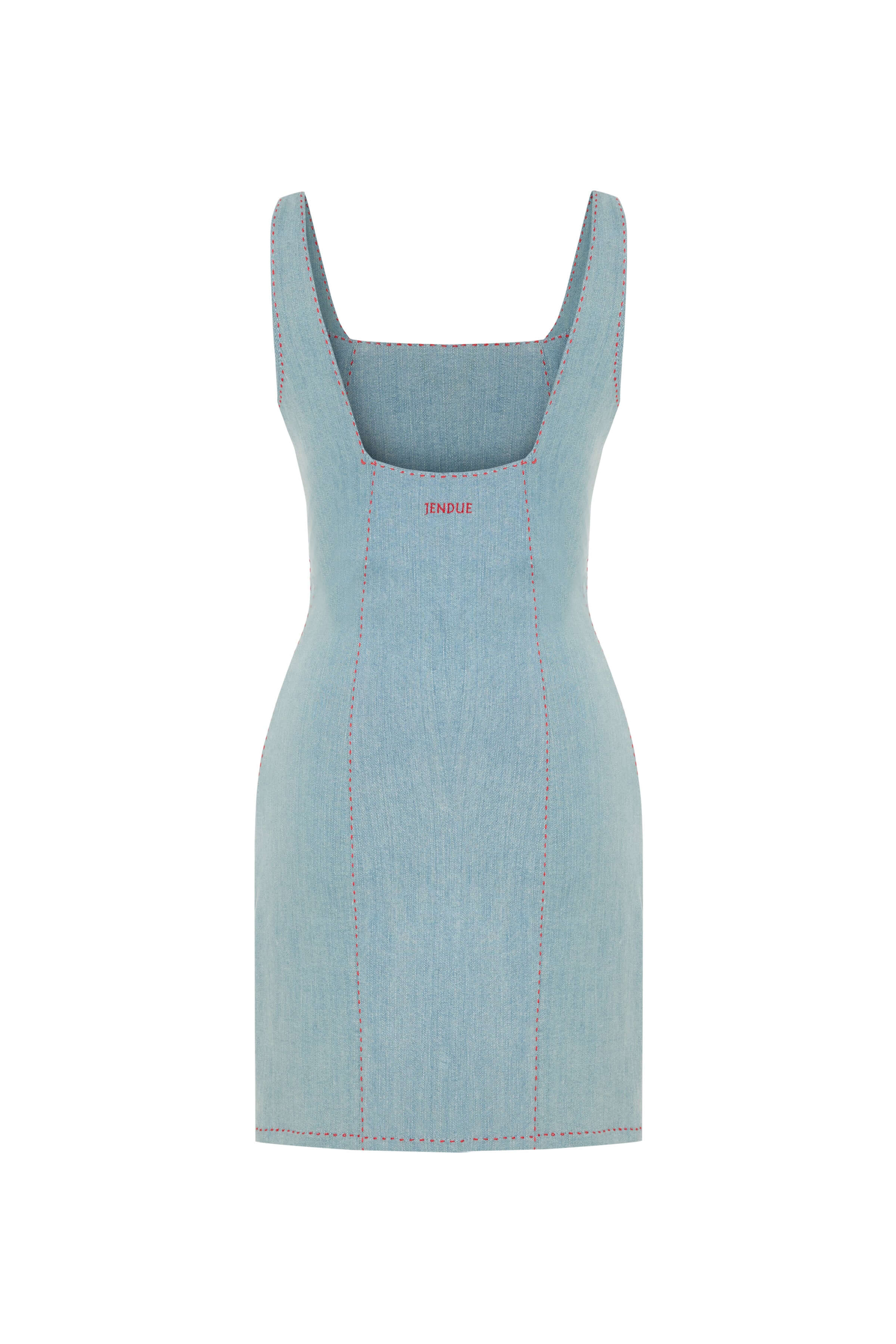 JENDUE Rachele Dress - Denim Mini Dress with Red Stitch 2