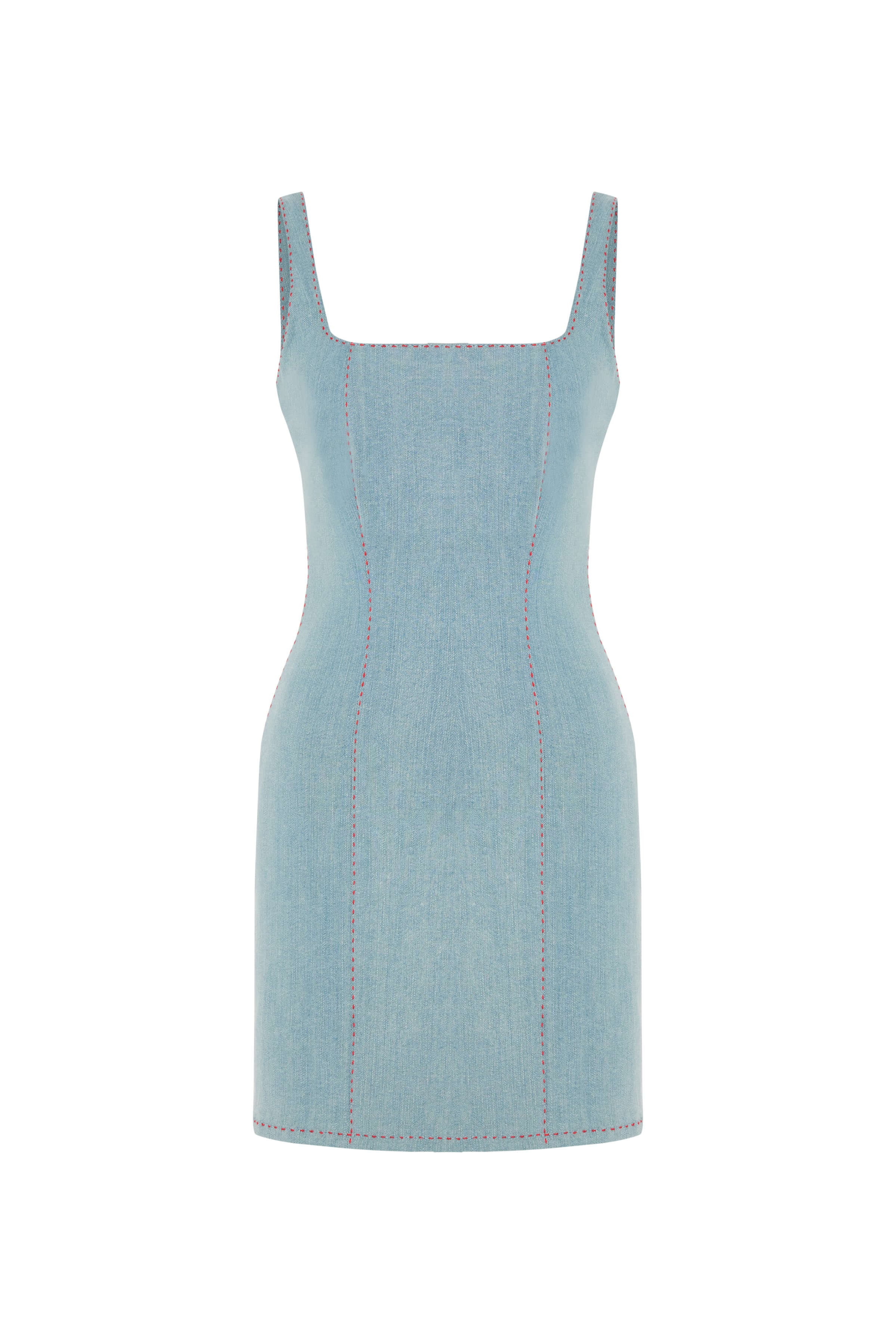JENDUE Rachele Dress - Denim Mini Dress with Red Stitch 1