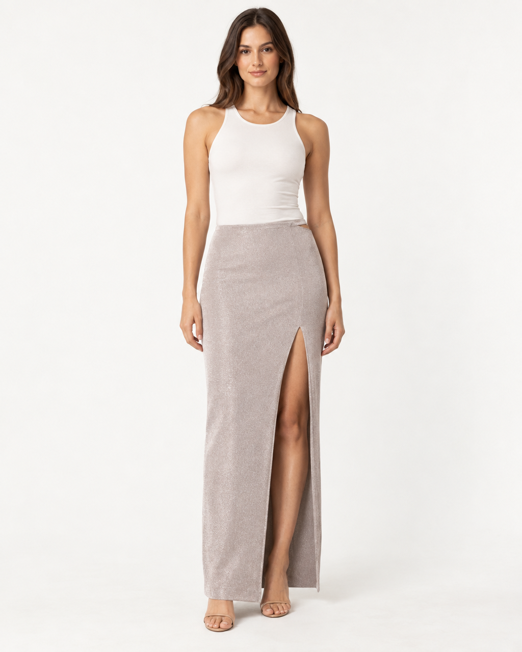 Zahrâ Metallic Knit Maxi Skirt with High Slit — on-model styling view B