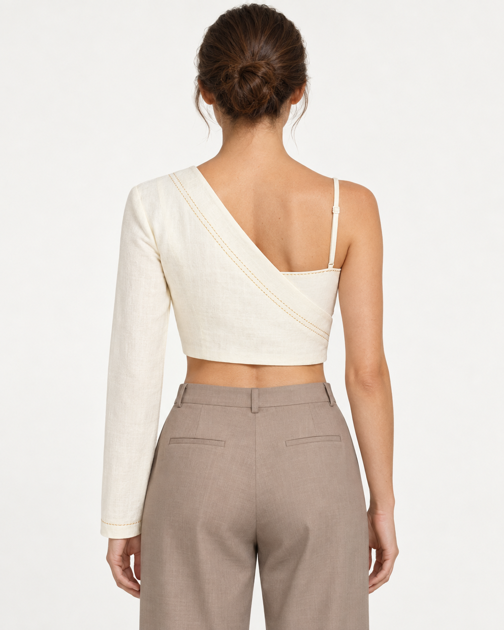 Radiant Crop - Asymmetric One-Sleeve Linen Top — on-model styling view B