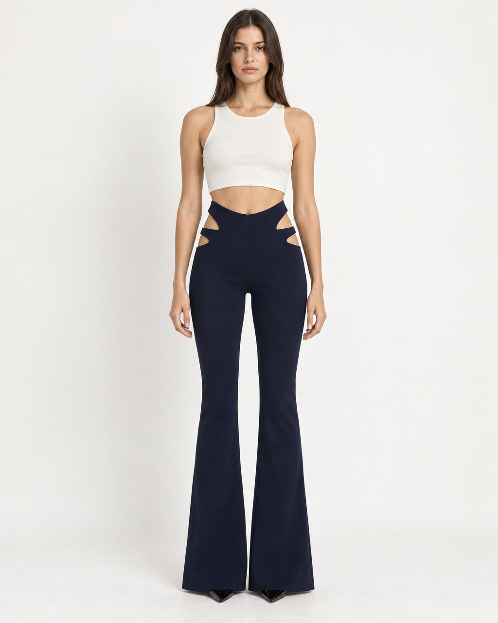 Luma Eria Trousers - Cut-Out High-Waist Flare Pants — on-model styling view A