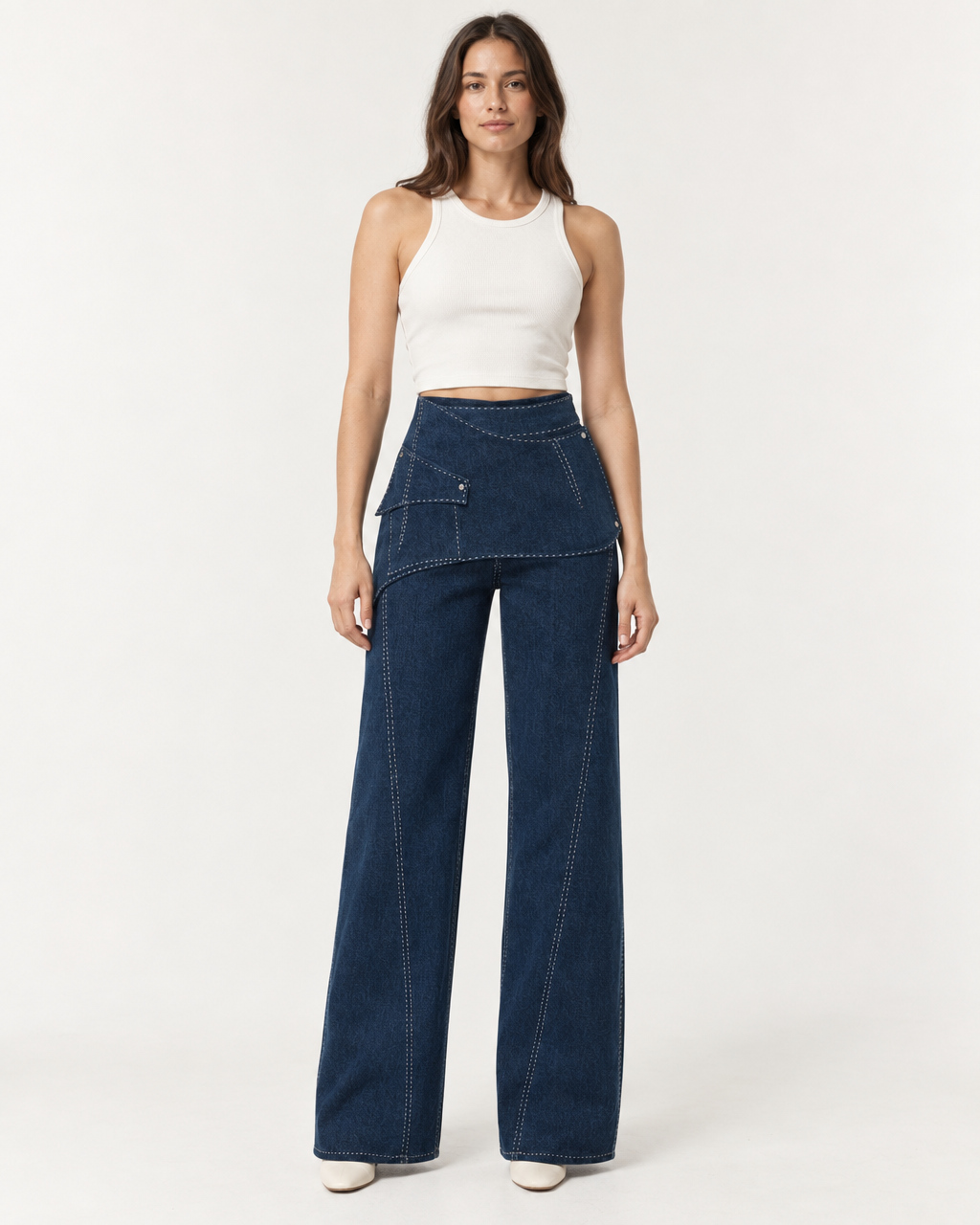 Liora Trousers - High-Waist Wide-Leg Denim Pants — on-model styling view A