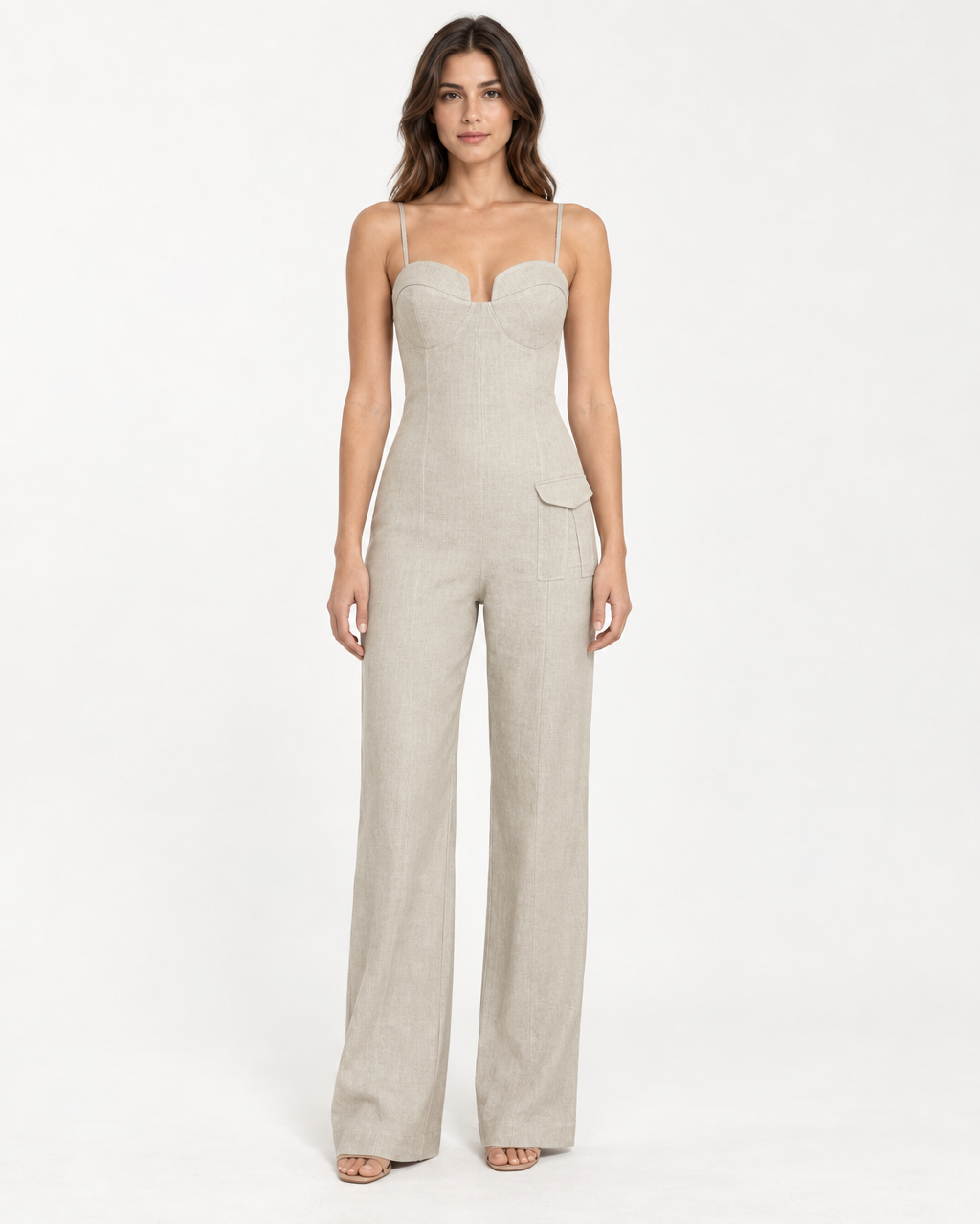 Noè Jumpsuit - Linen Bustier Wide-Leg Jumpsuit — on-model styling view A