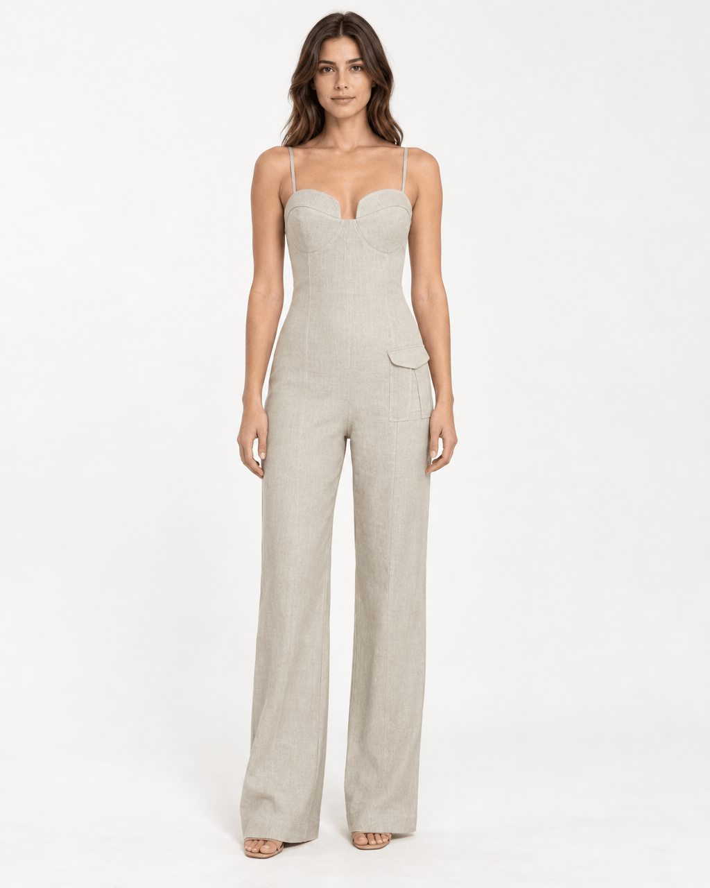 JENDUE Noe Jumpsuit - Linen Bustier Wide-Leg Jumpsuit worn by a model, showcasing modern design and sophistication.