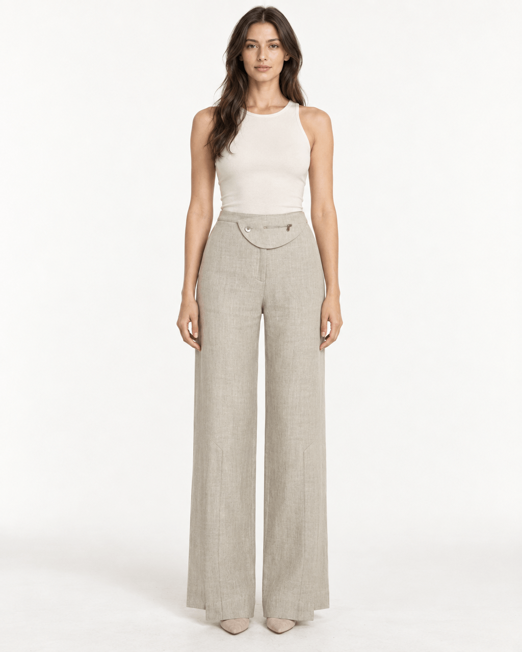 Model wearing JENDUE Lia Linen Pants- High-Waist Wide Leg Trousers with a fitted top, showcasing effortless elegance.