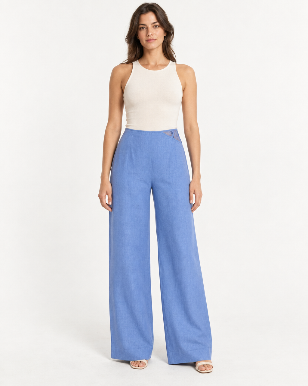 Luna Trousers - Blue High-Waisted Wide Leg Pants — on-model styling view A
