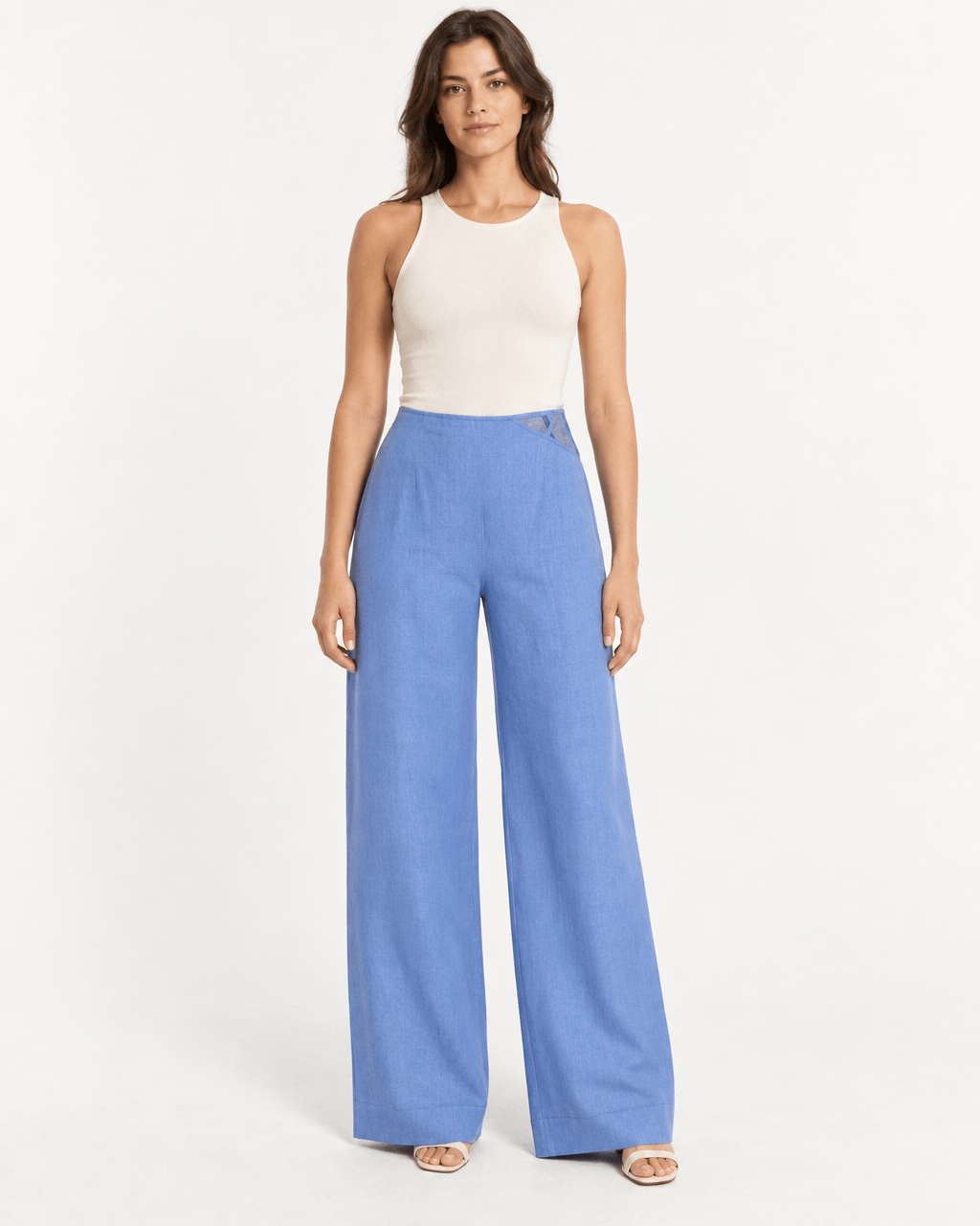 JENDUE Luna Trousers - Blue High-Waisted Wide Leg Pants showcased by a model wearing a fitted tank top.