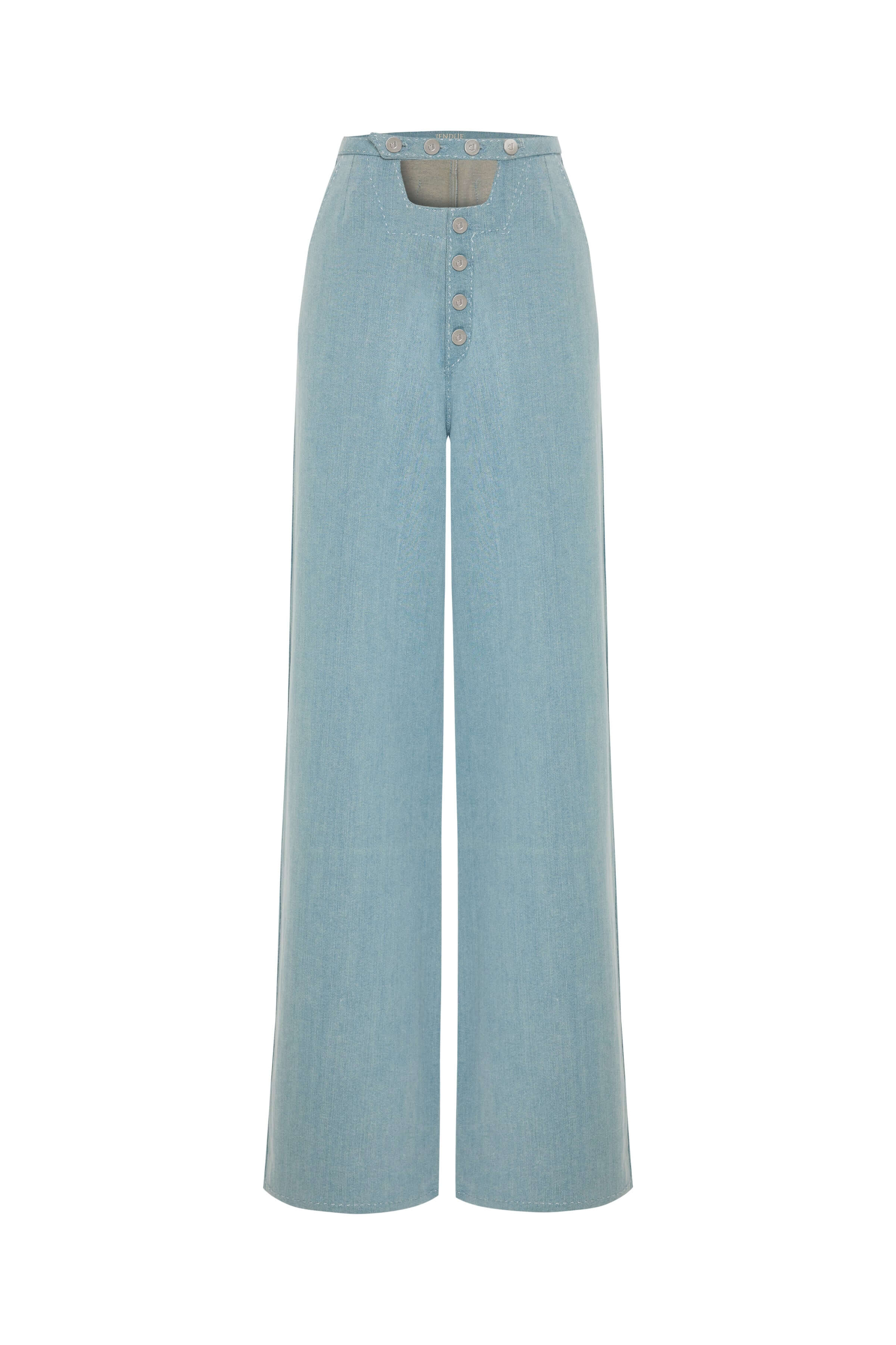 Wide-leg JENDUE Stormbringer jeans in a light ice blue wash. The detailed photograph highlights the unique button-up fly and the form-fitting high waist, perfect for a contemporary look.