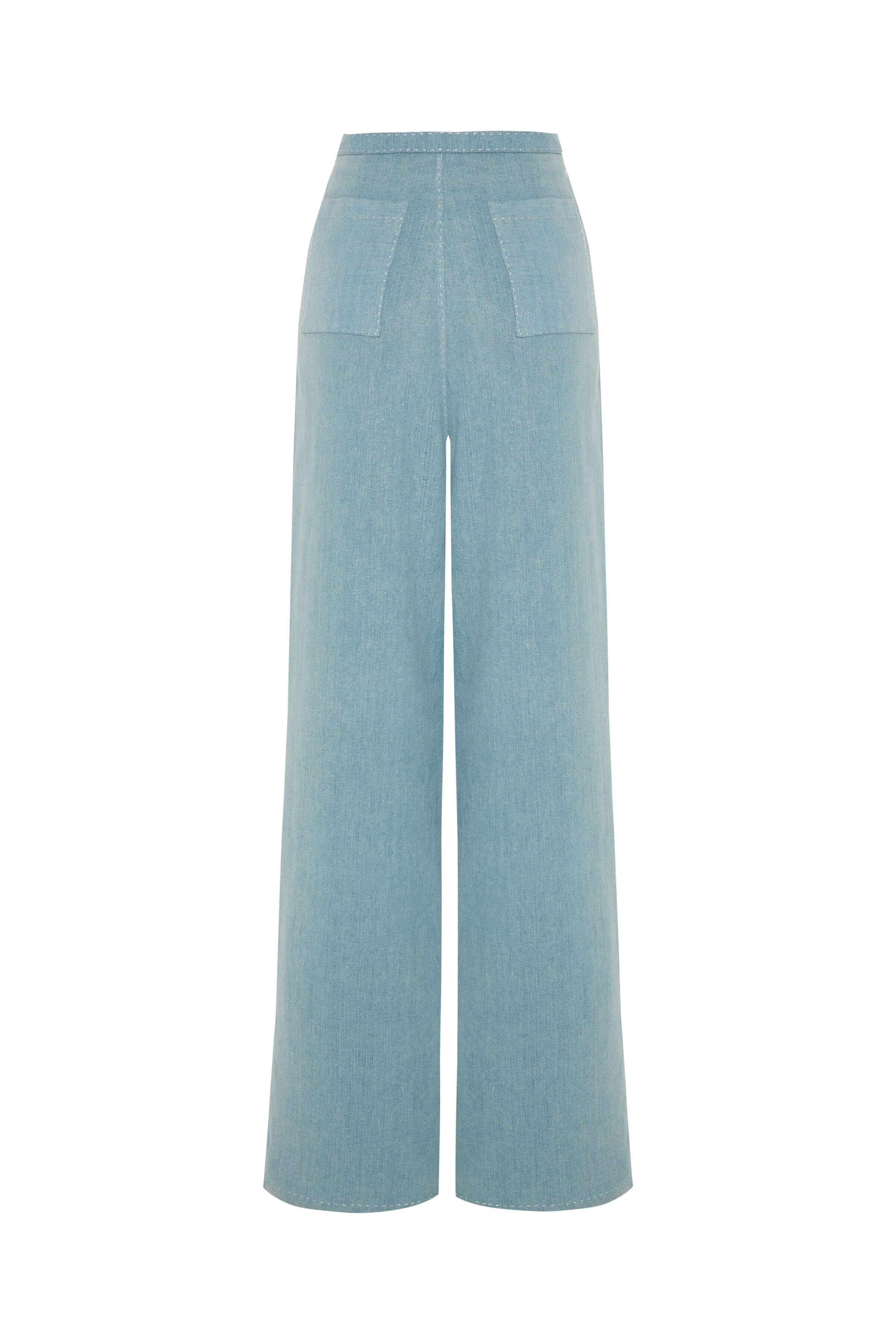 A studio shot of JENDUE Stormbringer denim jeans. The design features a broad leg, a full button front, and a unique, curved waistband. The light ice blue color and fabric texture are visible.