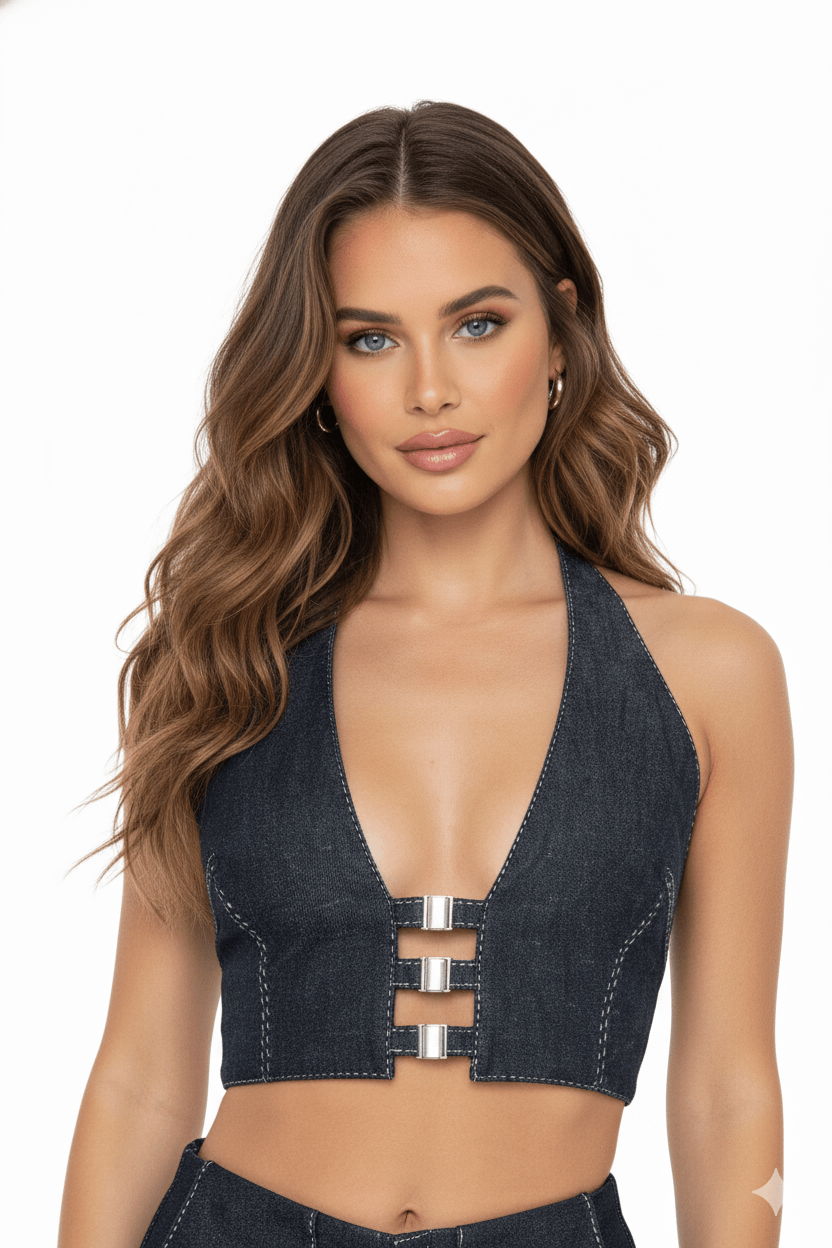 JENDUE Solen Crop - Denim Halter Top with Buckle Detail 3