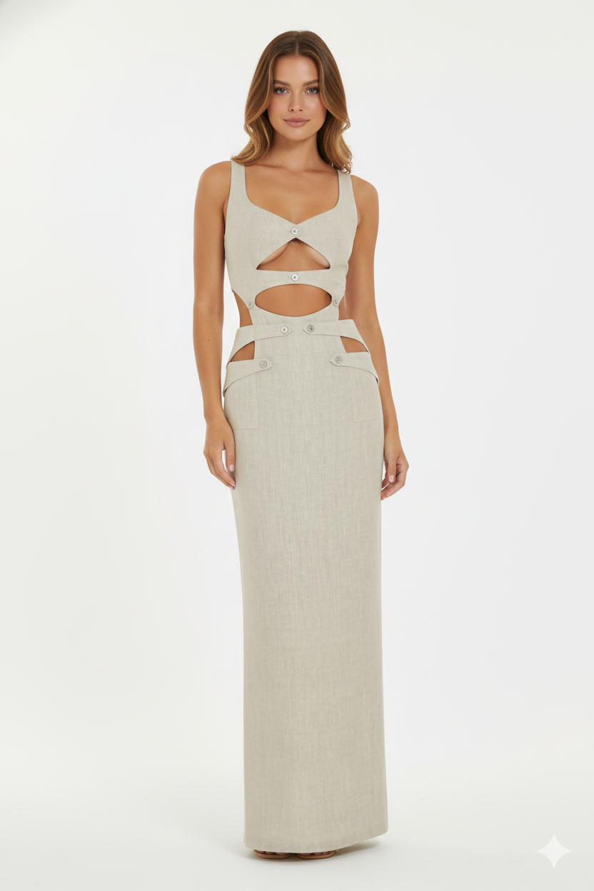 JENDUE Noe Linen Dress - Cut-Out Maxi with Button Detail