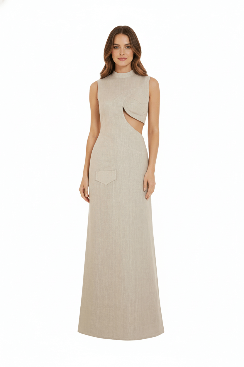 JENDUE Soul Flame Dress - Avant-Garde Linen Maxi Cut-Out 2
