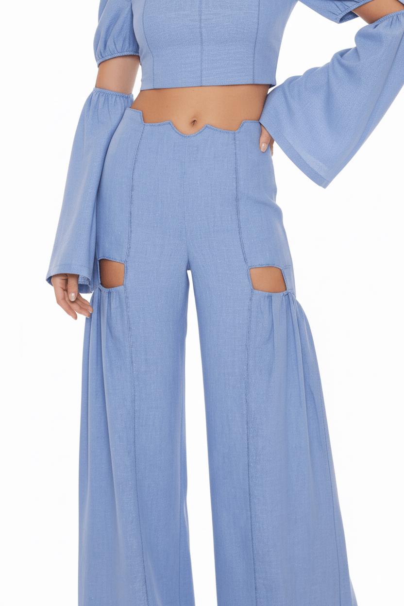 JENDUE Radiosa Sole Trousers - Linen Cut-Out Wide Leg Pants 4