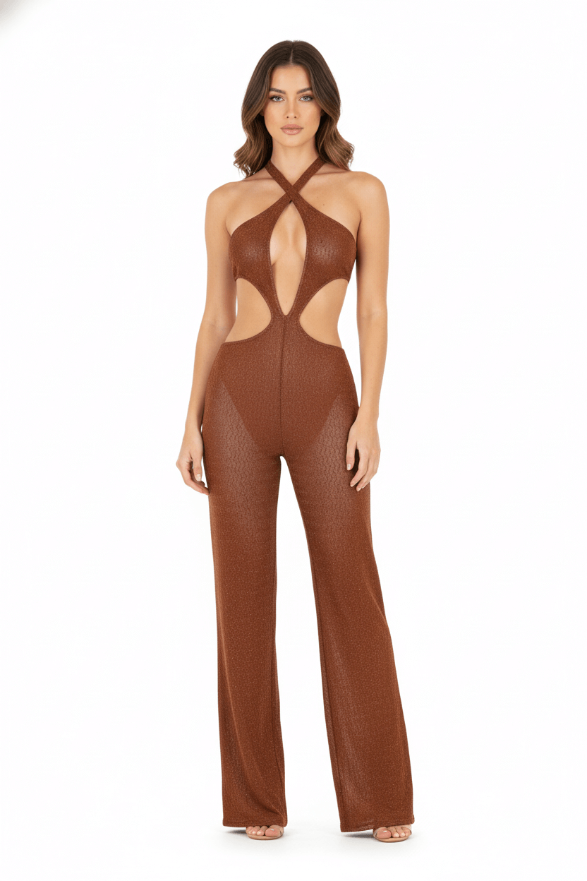 JENDUE Elion Jumpsuit - CutOut Halter Glitter Knit One-Piece 2