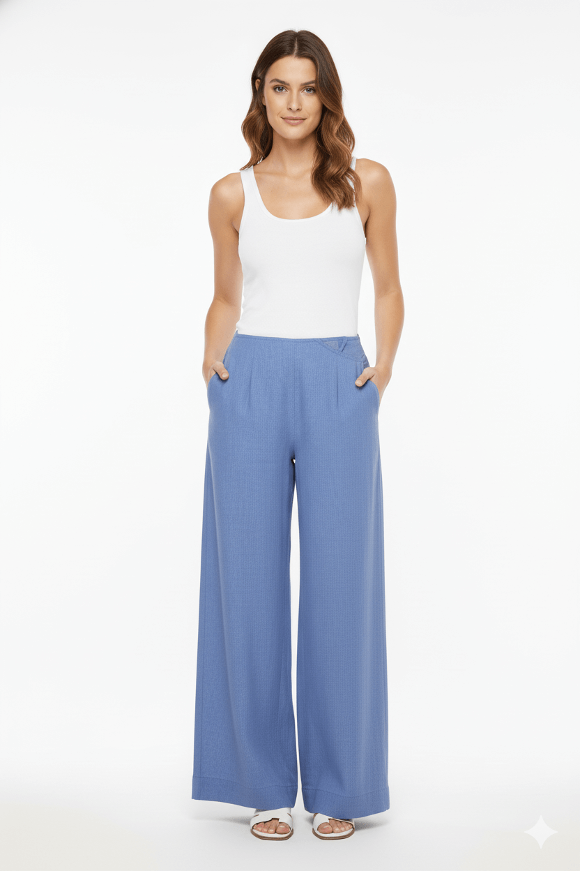JENDUE Luna Trousers - Blue High-Waisted Wide Leg Pants 3