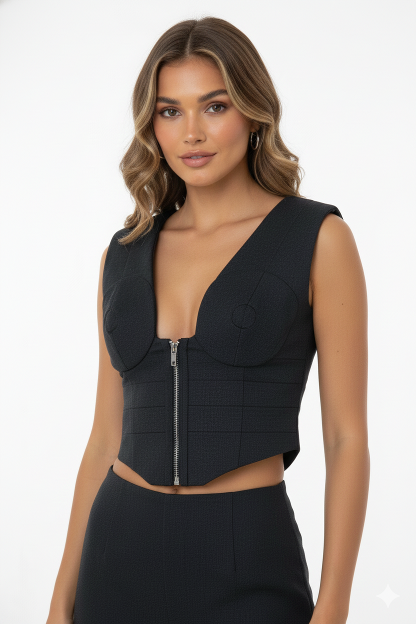 JENDUE Stelly Denim Top V-Neck Corset