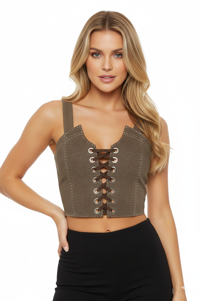 JENDUE Calen Crop Brown Lace-Up Canvas Corset Top