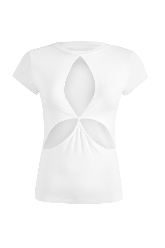 Cutout Detailed  White Basic T-Shirt