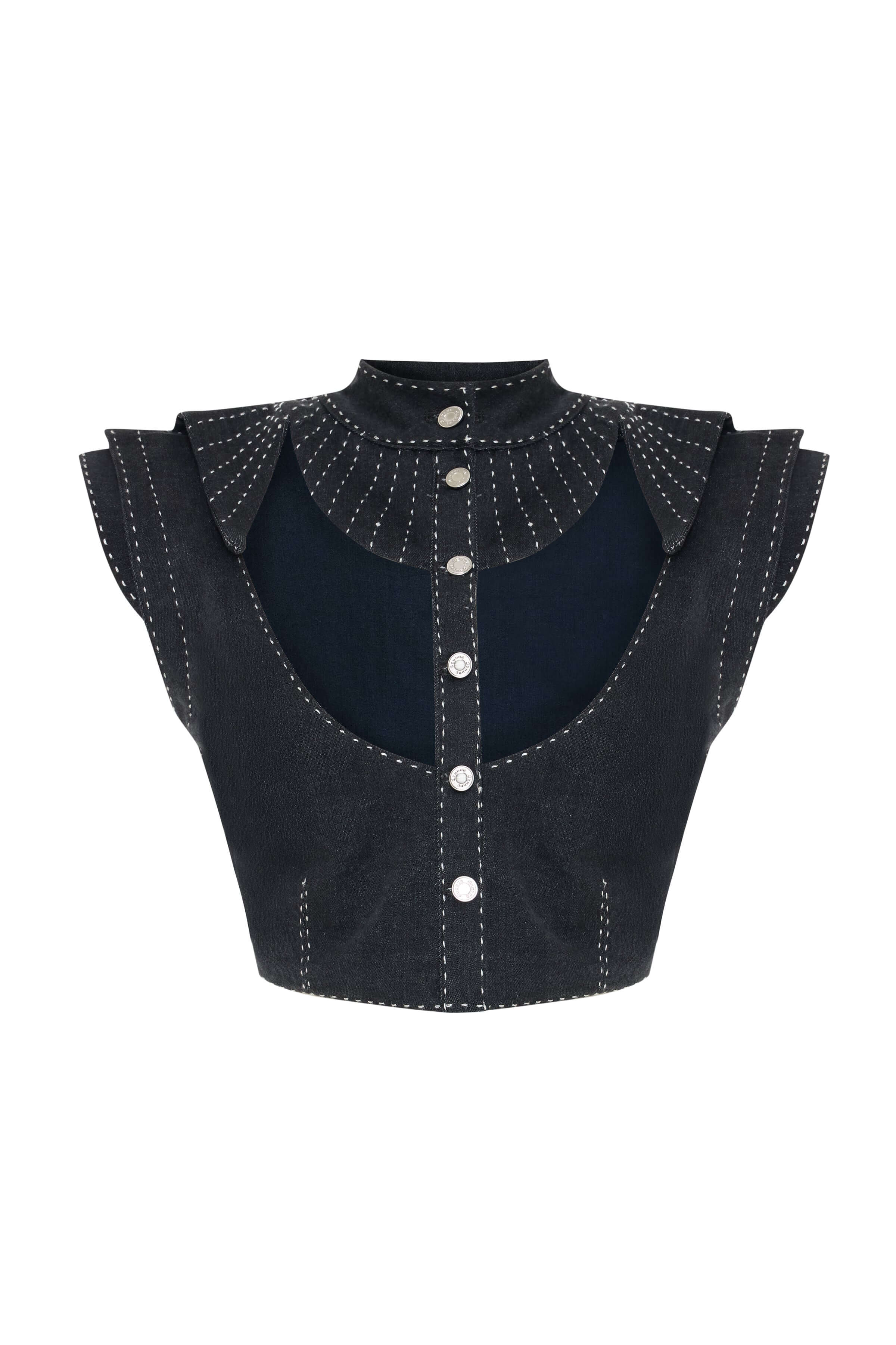 A unique dark blue denim top with a high collar, intricate white stitching, and layered, structured shoulder details.