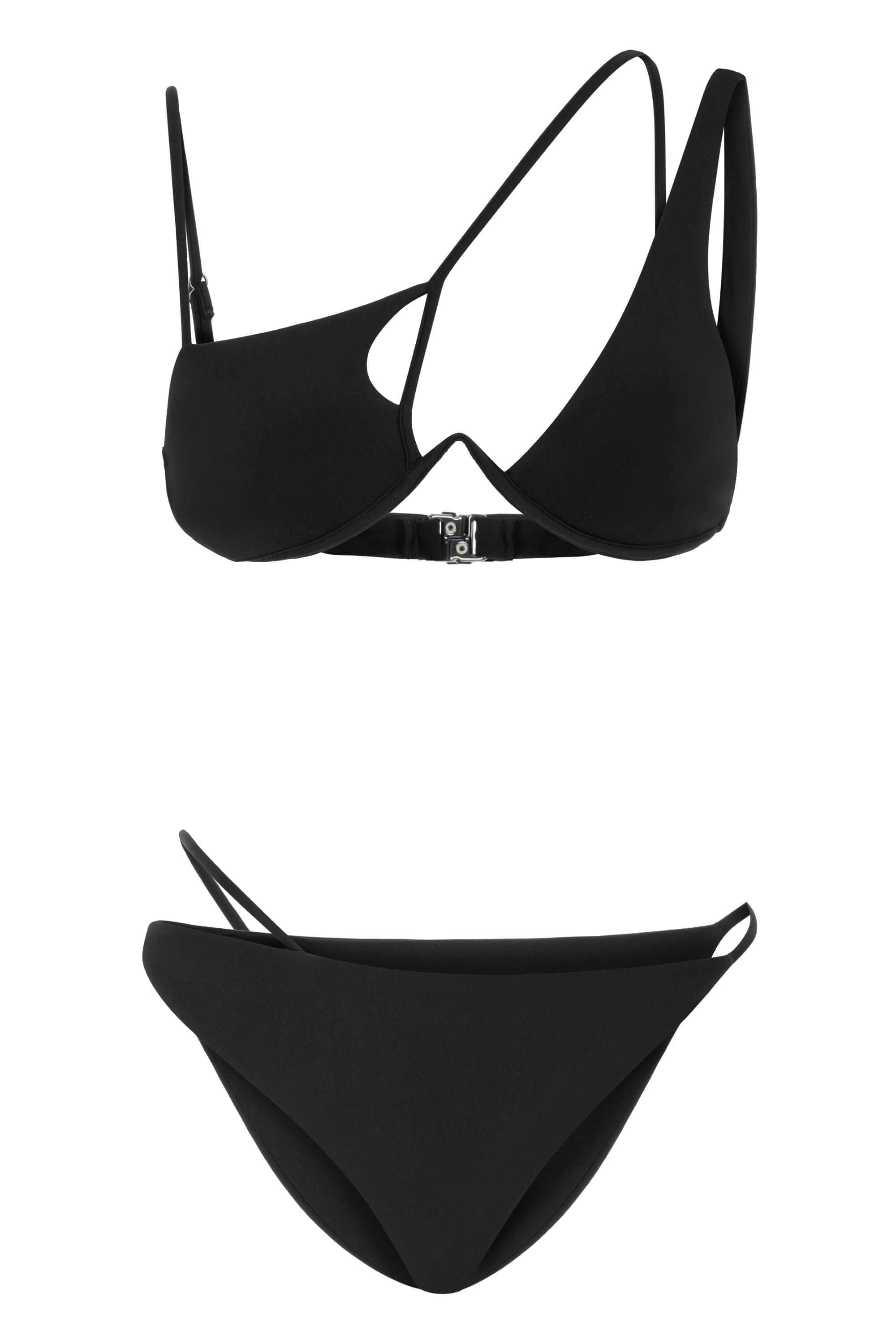 JENDUE black asymmetric bikini: stylish, unique one-shoulder top, high-waisted bottom.