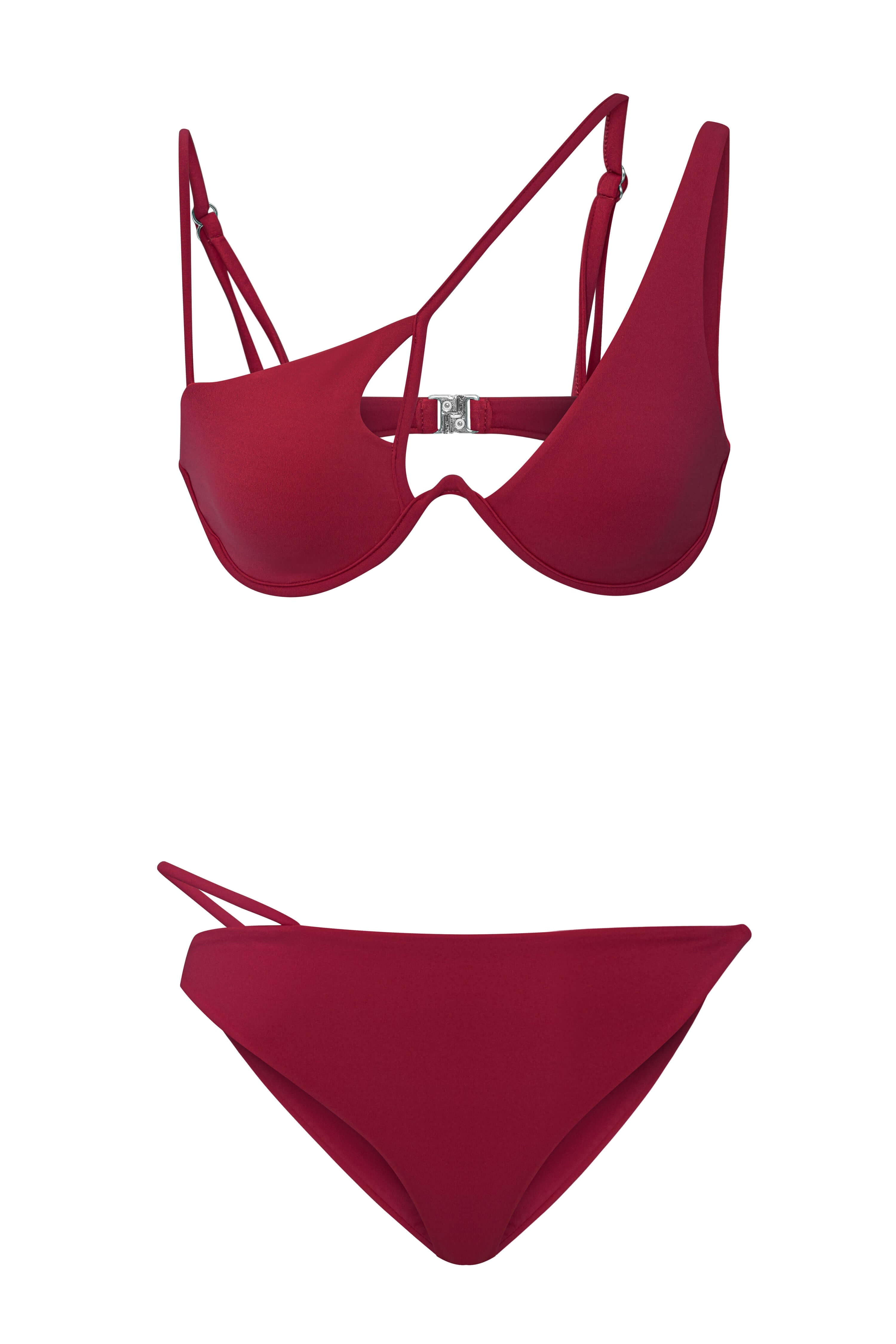 JENDUE cherry asymmetric bikini: stylish, unique one-shoulder top, high-waisted bottom.