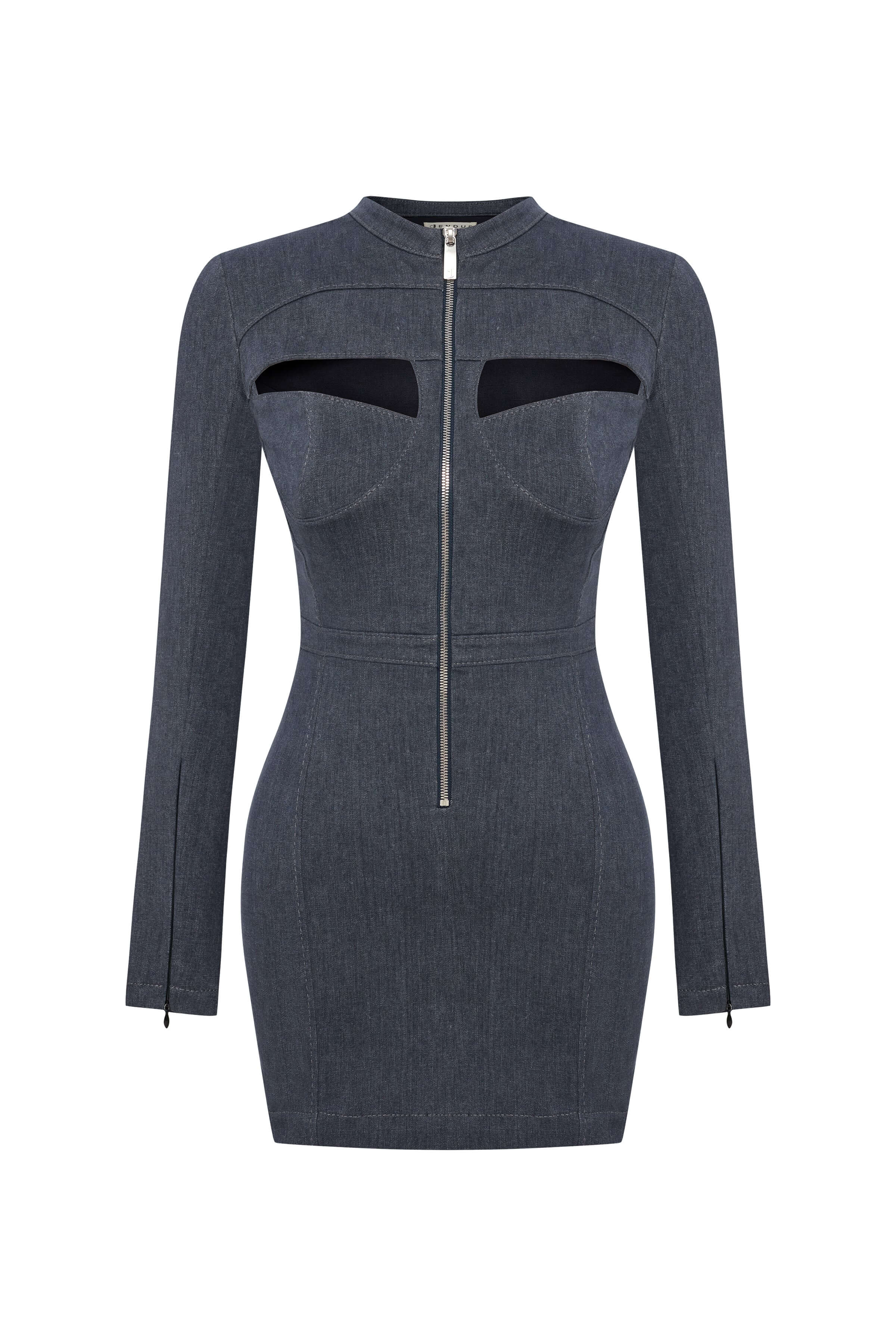 JENDUE blue denim mini dress: chic, cut-out design, full-length front zip. Modern and sleek.