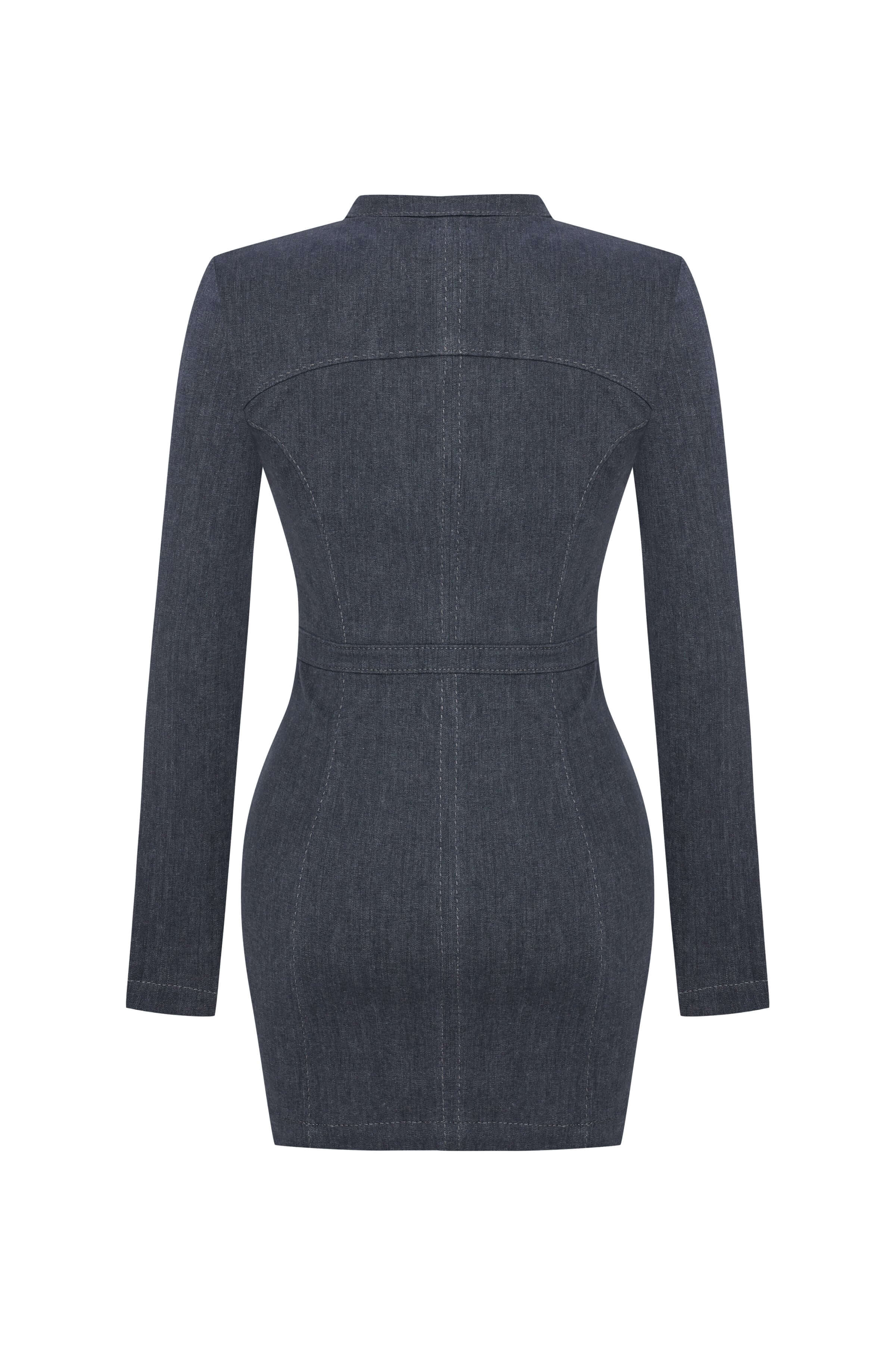 JENDUE Stylish blue denim mini dress with unique chest cut-outs and a high collar. Fitted silhouette.