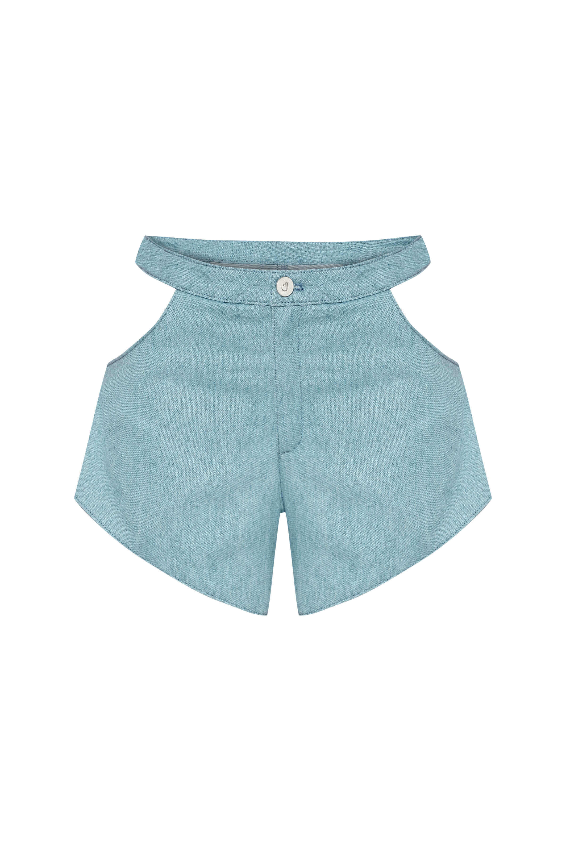 JENDUE light blue denim shorts: high-waisted, asymmetrical hip cut-outs. Edgy summer style.
