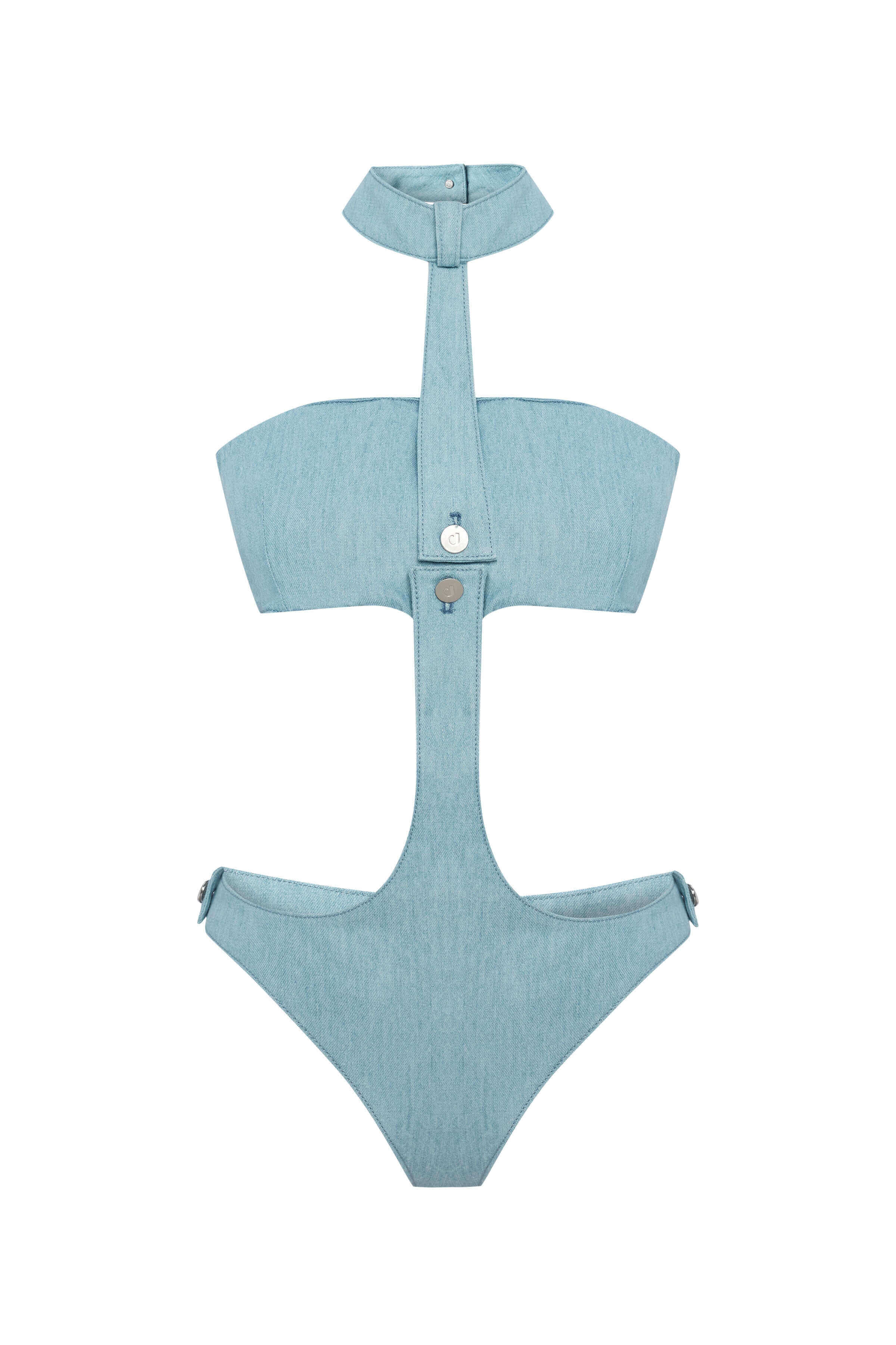 JENDUE light blue denim bodysuit: chic, cut-out design, halter neck, and snap closures.