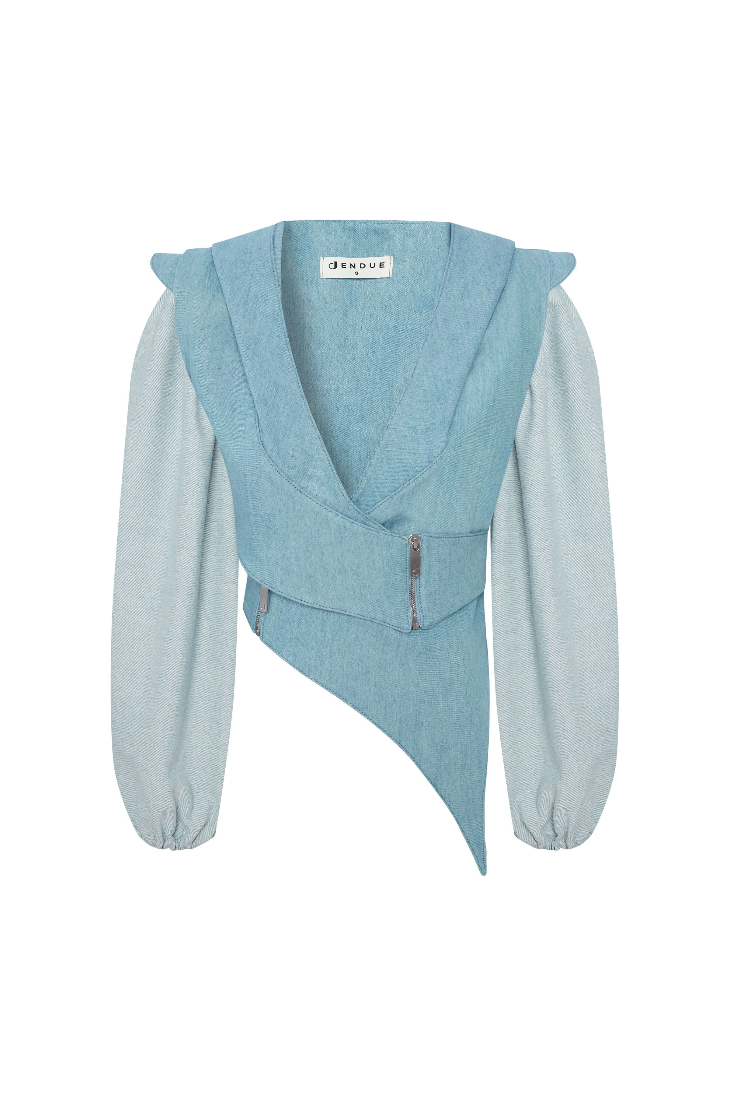 JENDUE light blue denim vest jacket: unique asymmetrical wrap, zip detail & contrasting sleeves.