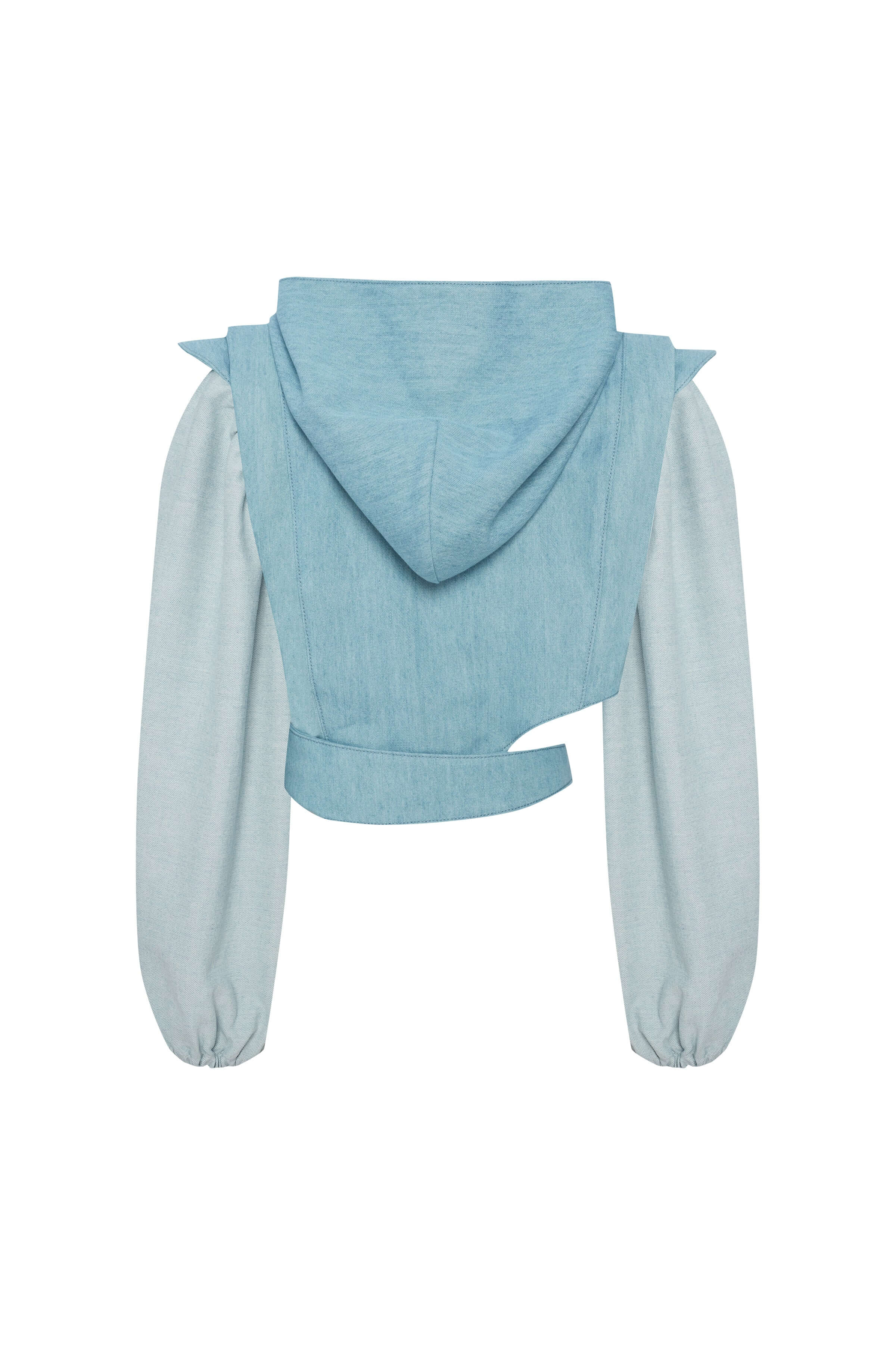 JENDUE Stylish light blue denim vest jacket with an asymmetrical front, a deep V-neck, and long sleeves.