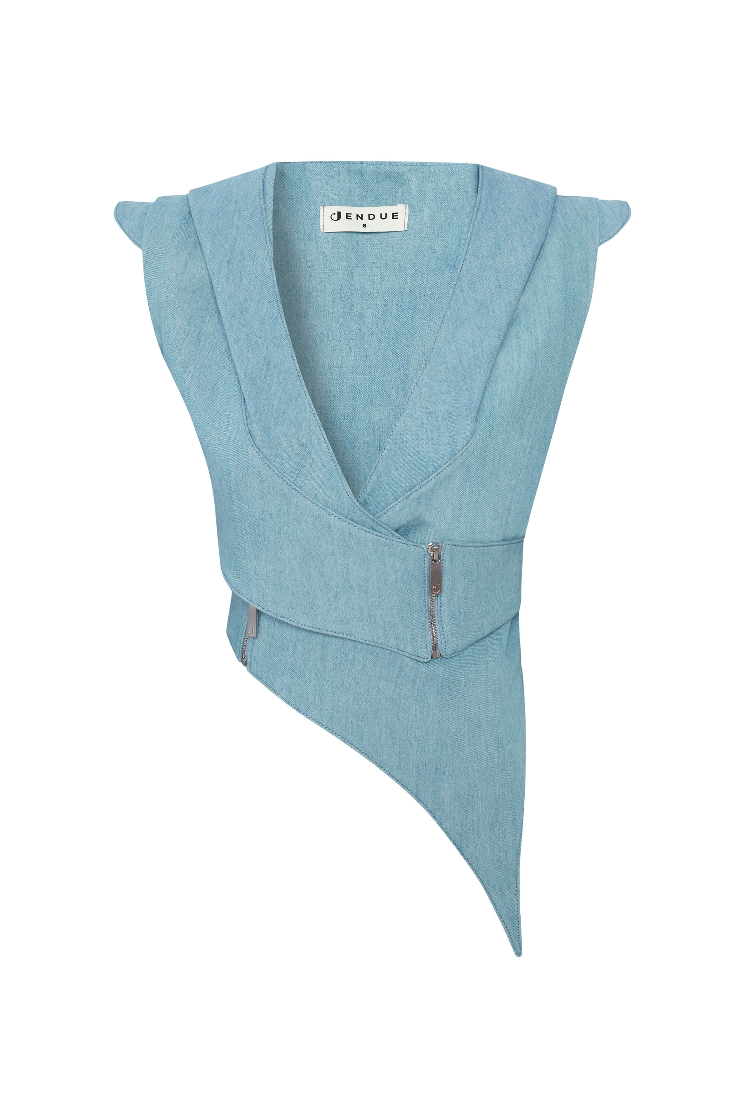 JENDUE Two-tone light blue denim top with a wrap-around vest, prominent zipper, and puffy sleeves.