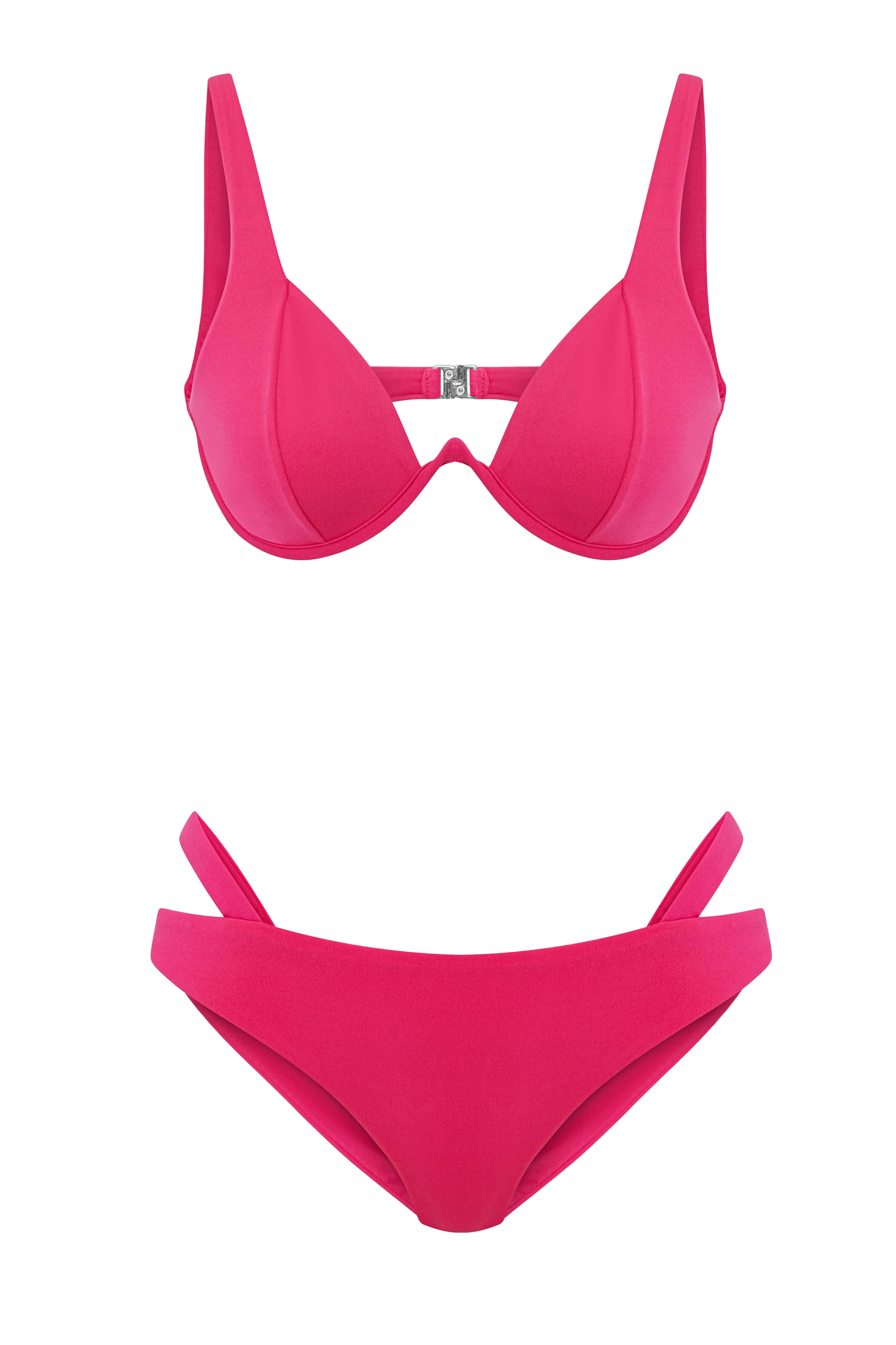 JENDUE chic pink bikini set, featuring a structured bra top with a front clasp and unique hip straps.
