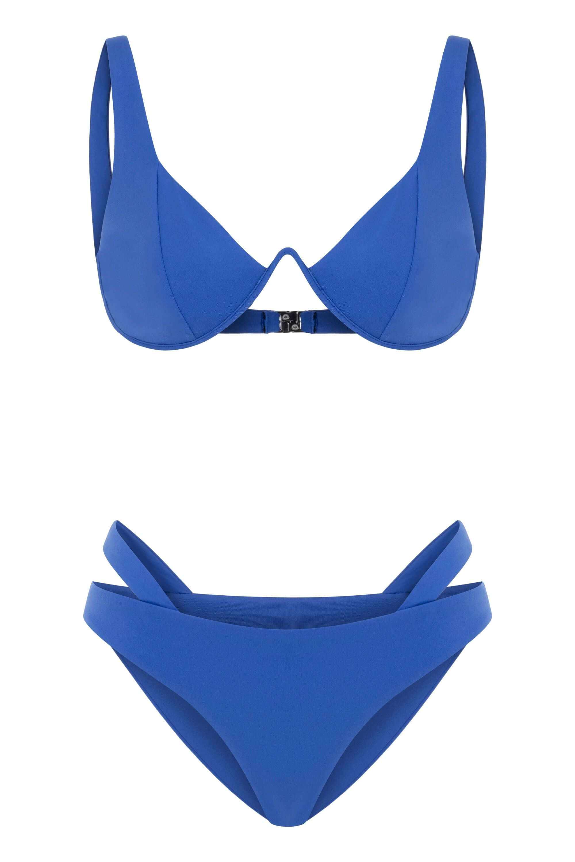 JENDUE blue bikini swimwear: stylish two-piece, underwire top, and strap detail bottoms.
