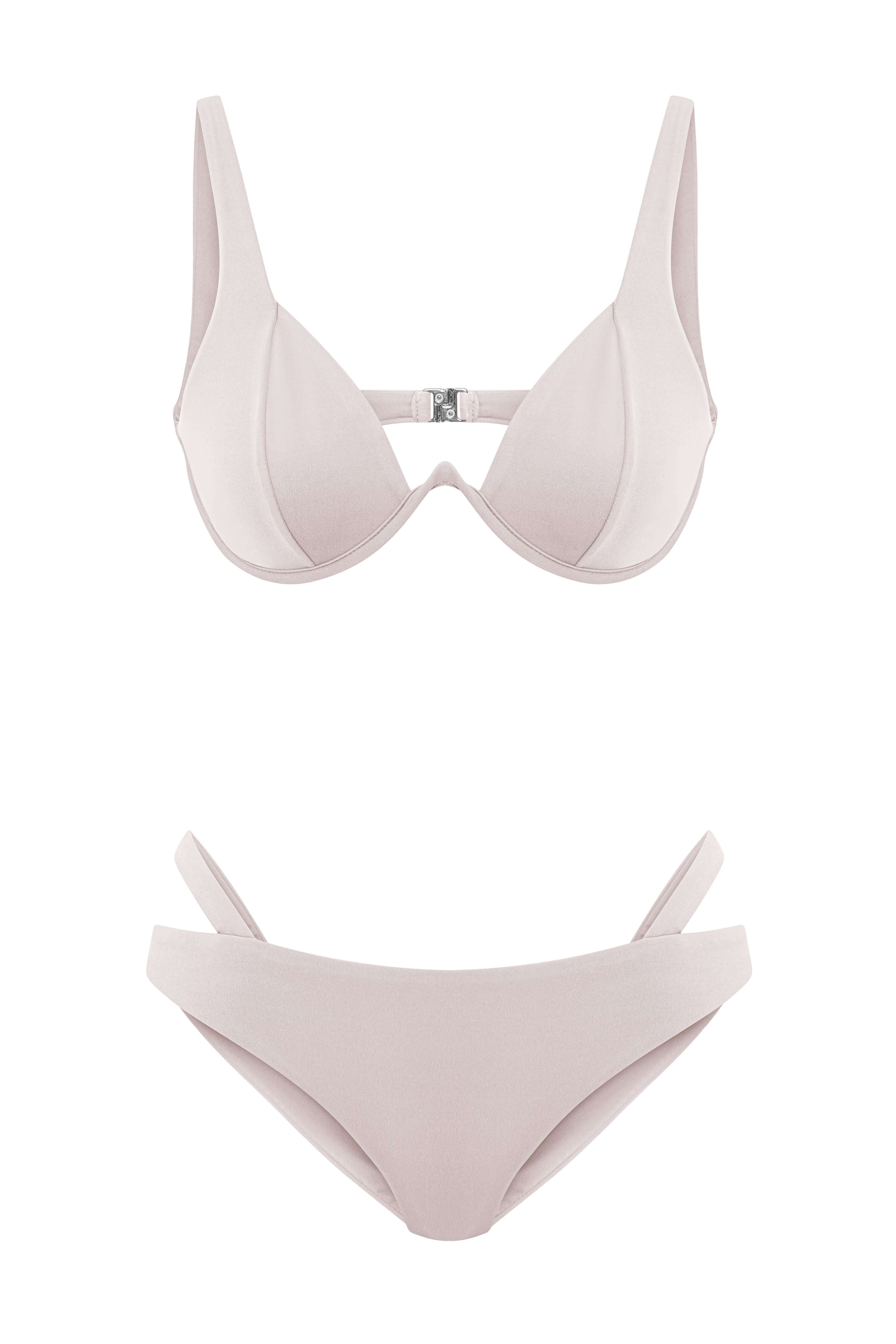 JENDUE chic pink bikini set, featuring a structured bra top with a front clasp and unique hip straps.