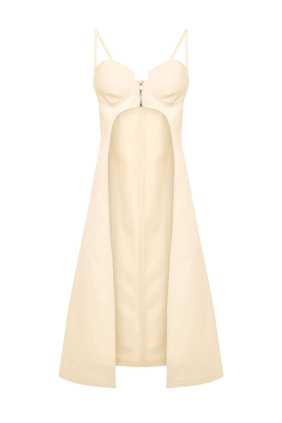 Beige JENDUE Davidson Strappy Midi Dress: features a prominent front zipper, a daring central open panel, and delicate spaghetti straps.