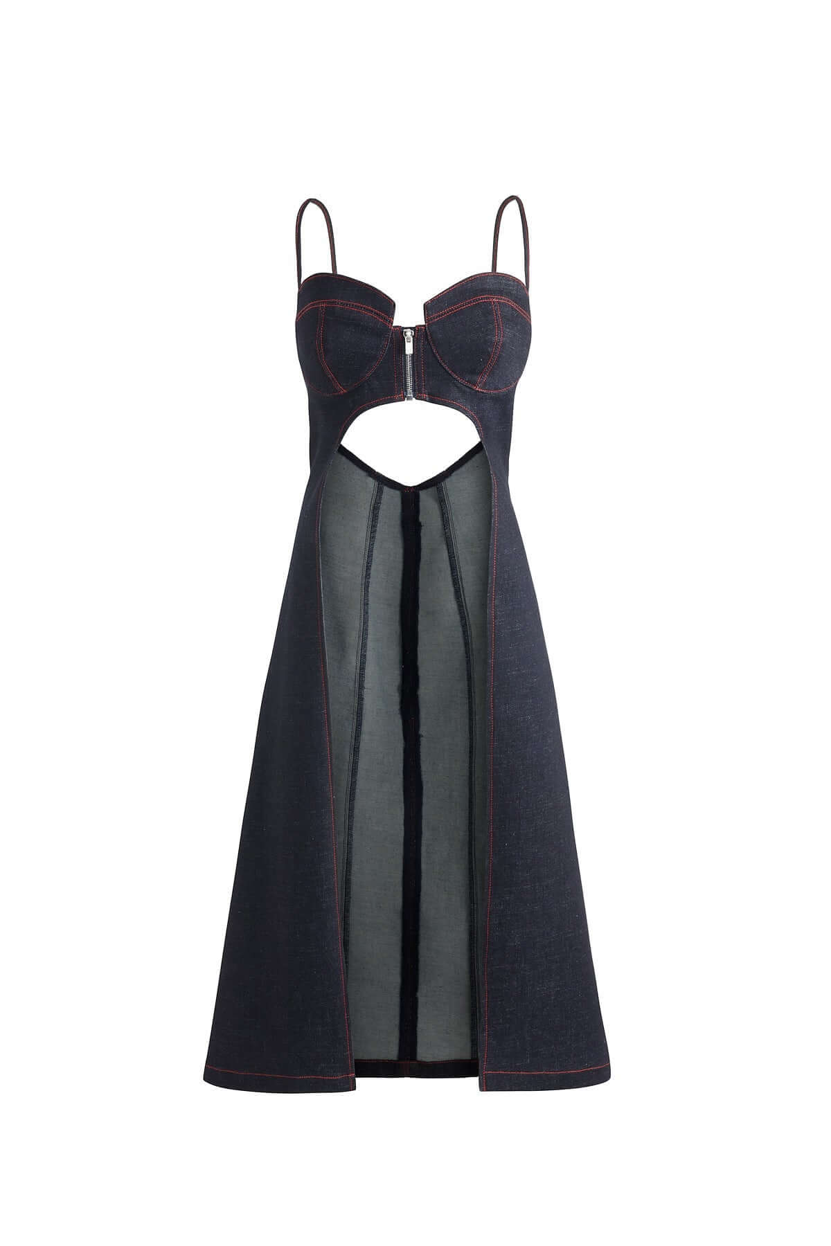 Blue JENDUE Davidson Strappy Midi Dress: a chic denim dress with a bold front zipper and a unique central opening.