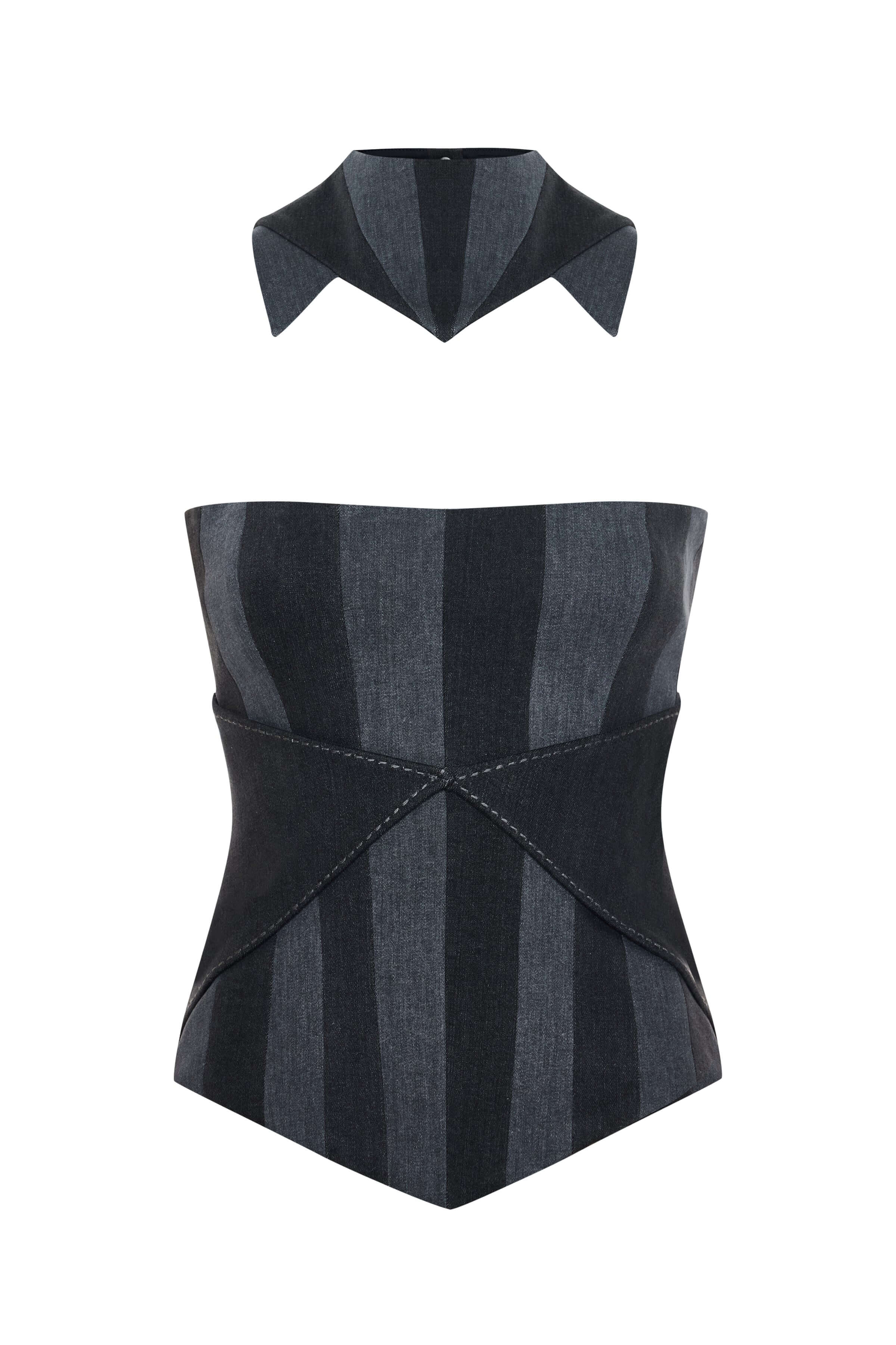A stylish, dark-wash denim corset top with alternating dark and light gray stripes. It features a structured, strapless design and a pointed hem. A matching high-collar piece is shown above it.