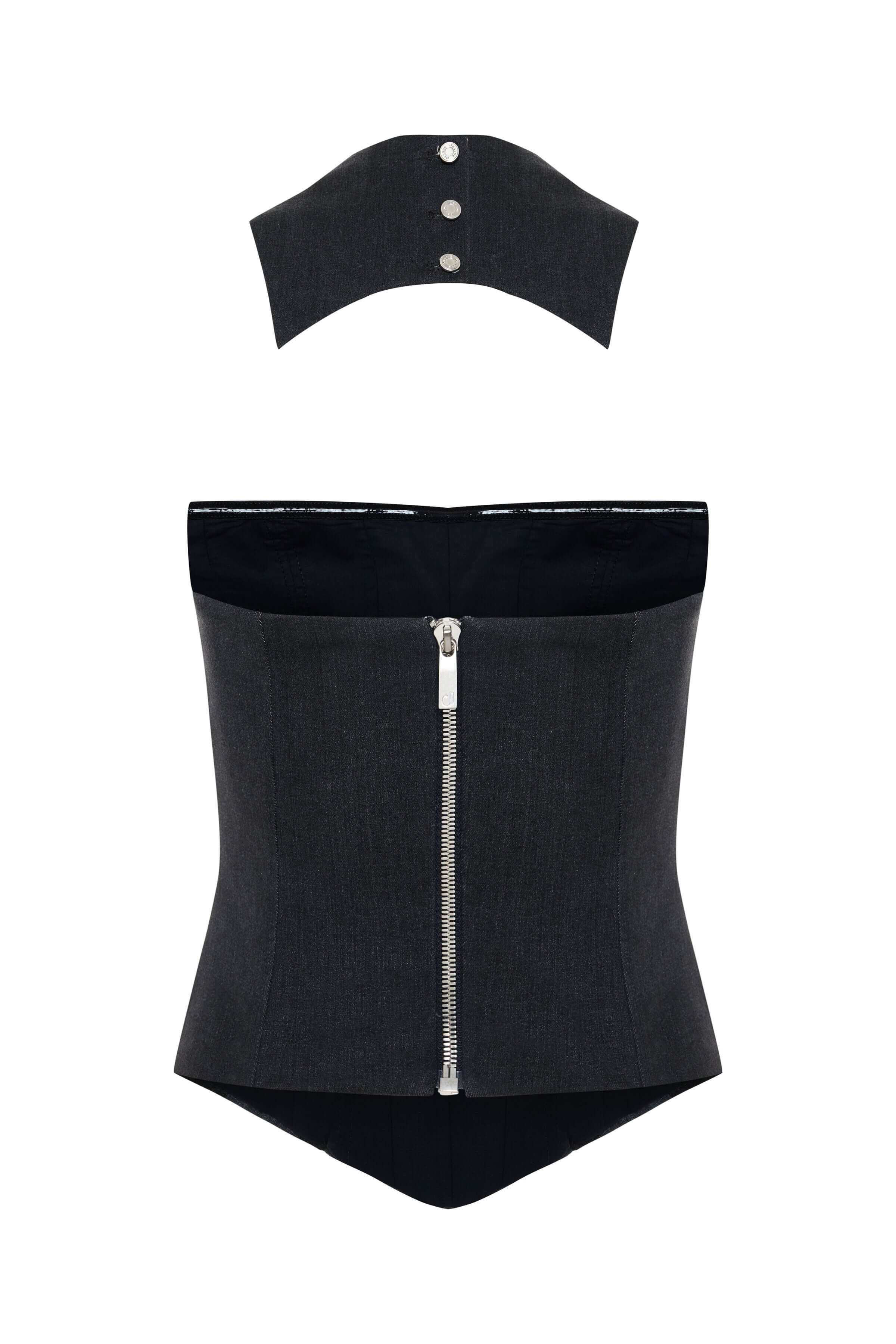 A stylish, dark-wash denim corset top with alternating dark and light gray stripes. It features a structured, strapless design and a pointed hem. A matching high-collar piece is shown above it.