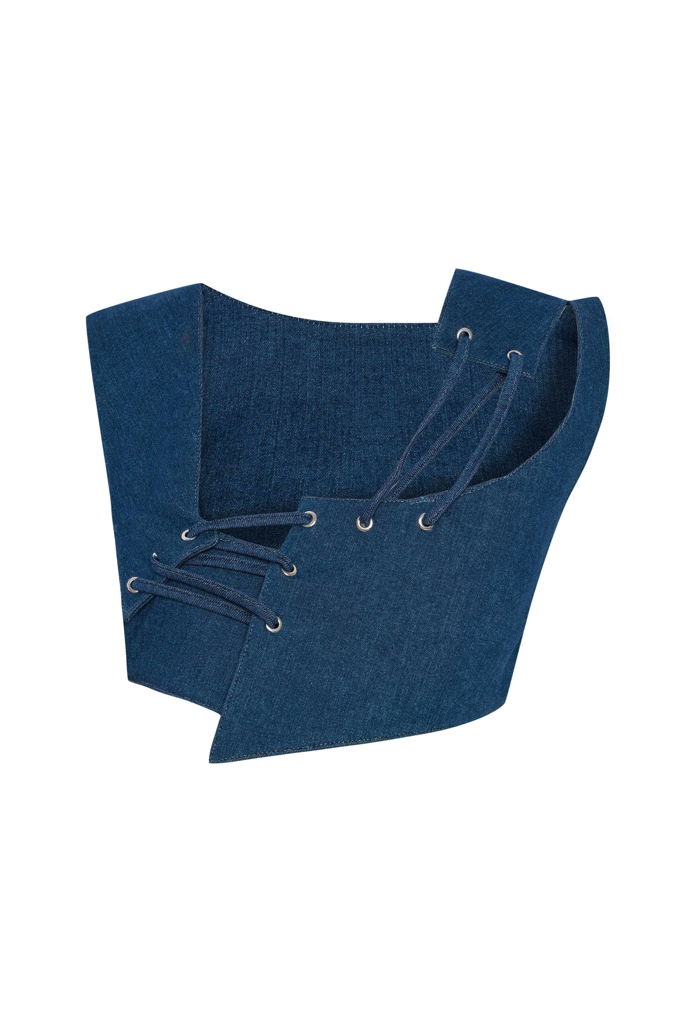 JENDUE blue denim crop top: unique corset-style lacing, structured, and modern design.