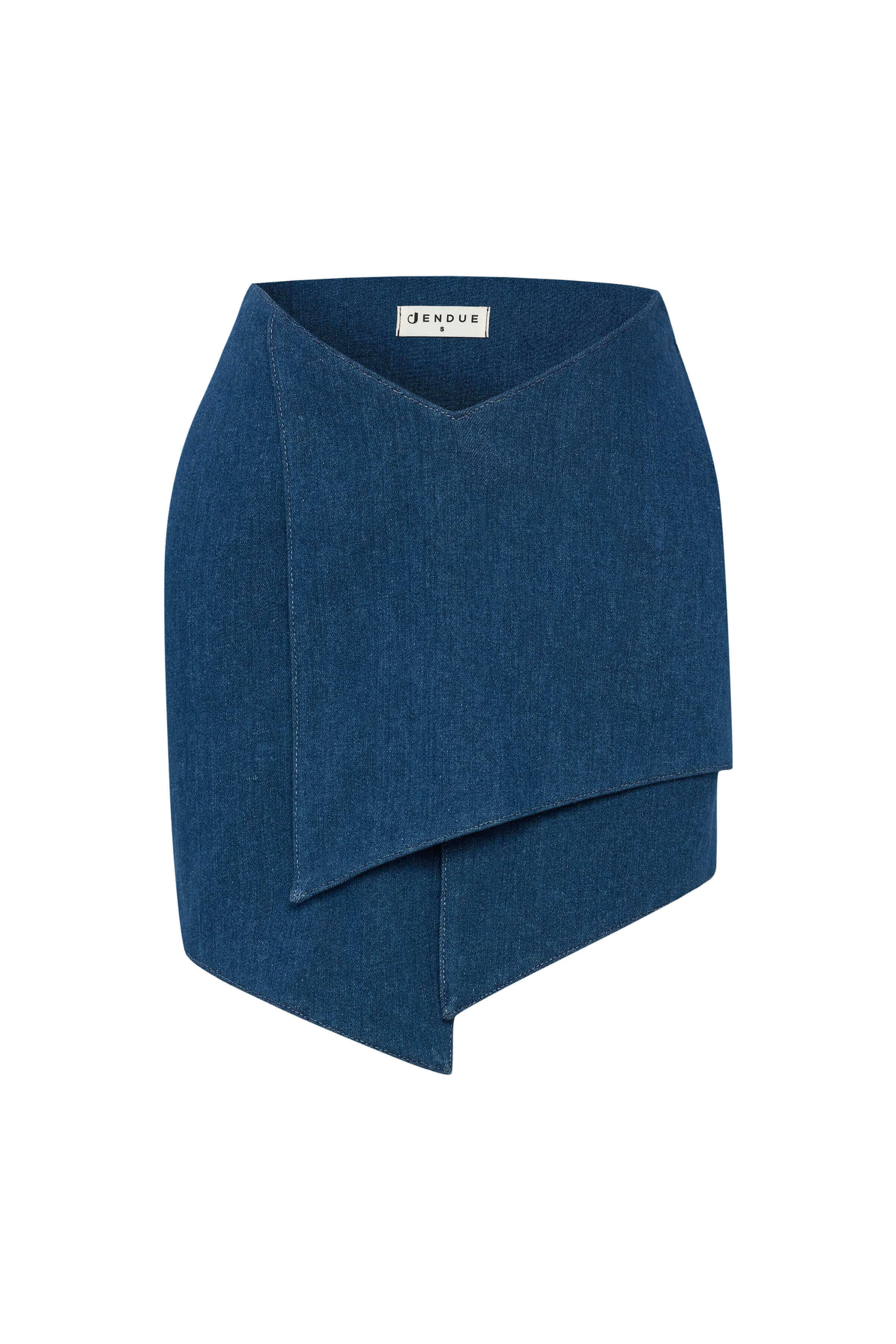 JENDUE blue denim mini skirt: chic, modern, with a unique wrap-front and structured design.